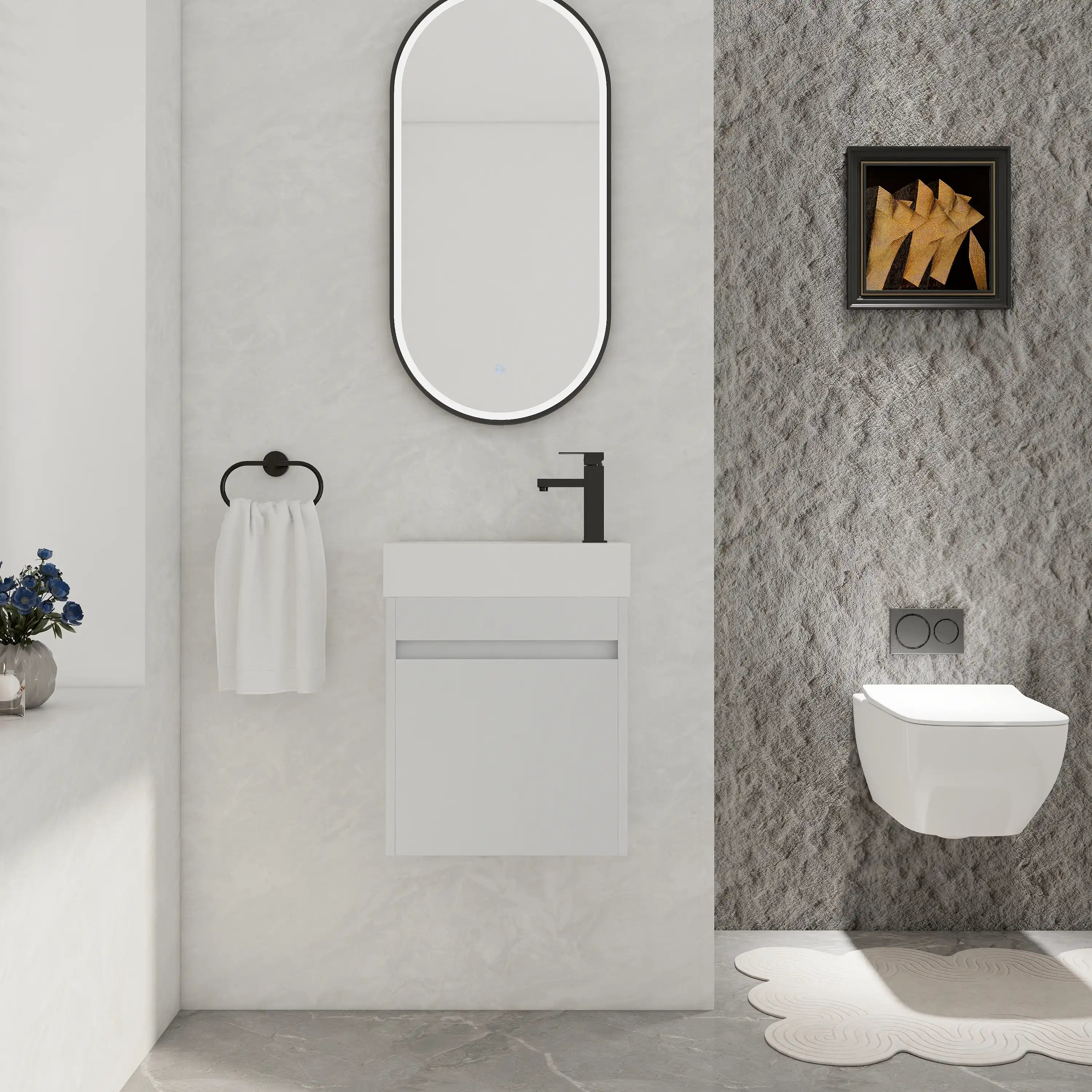 Aeris 18" white bathroom sink with vanity in a modern bathroom setting with wall-mounted design.