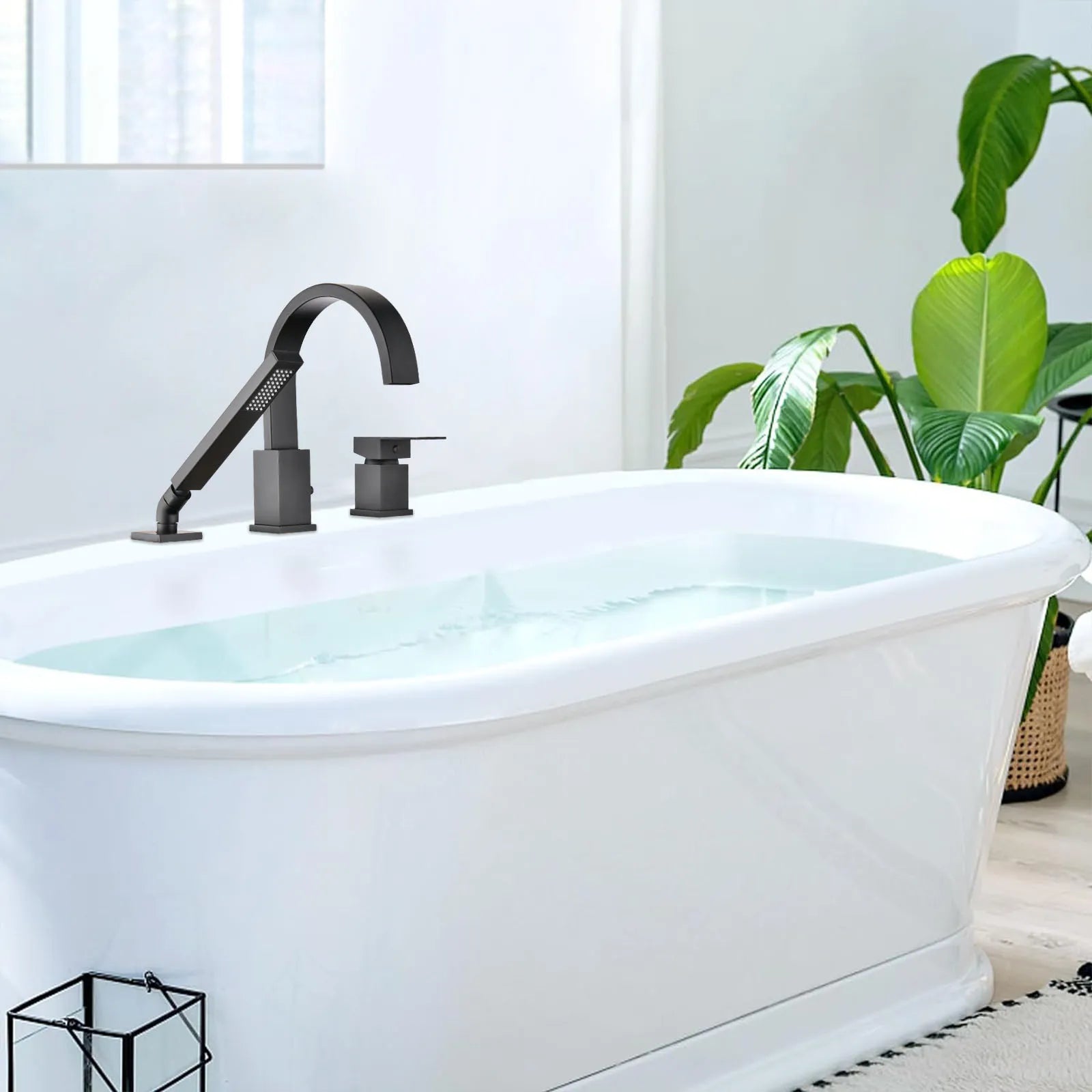 FLUNIX Matte Black Brass Waterfall Roman Deck Mounted Tub Faucet Set with Hand Shower