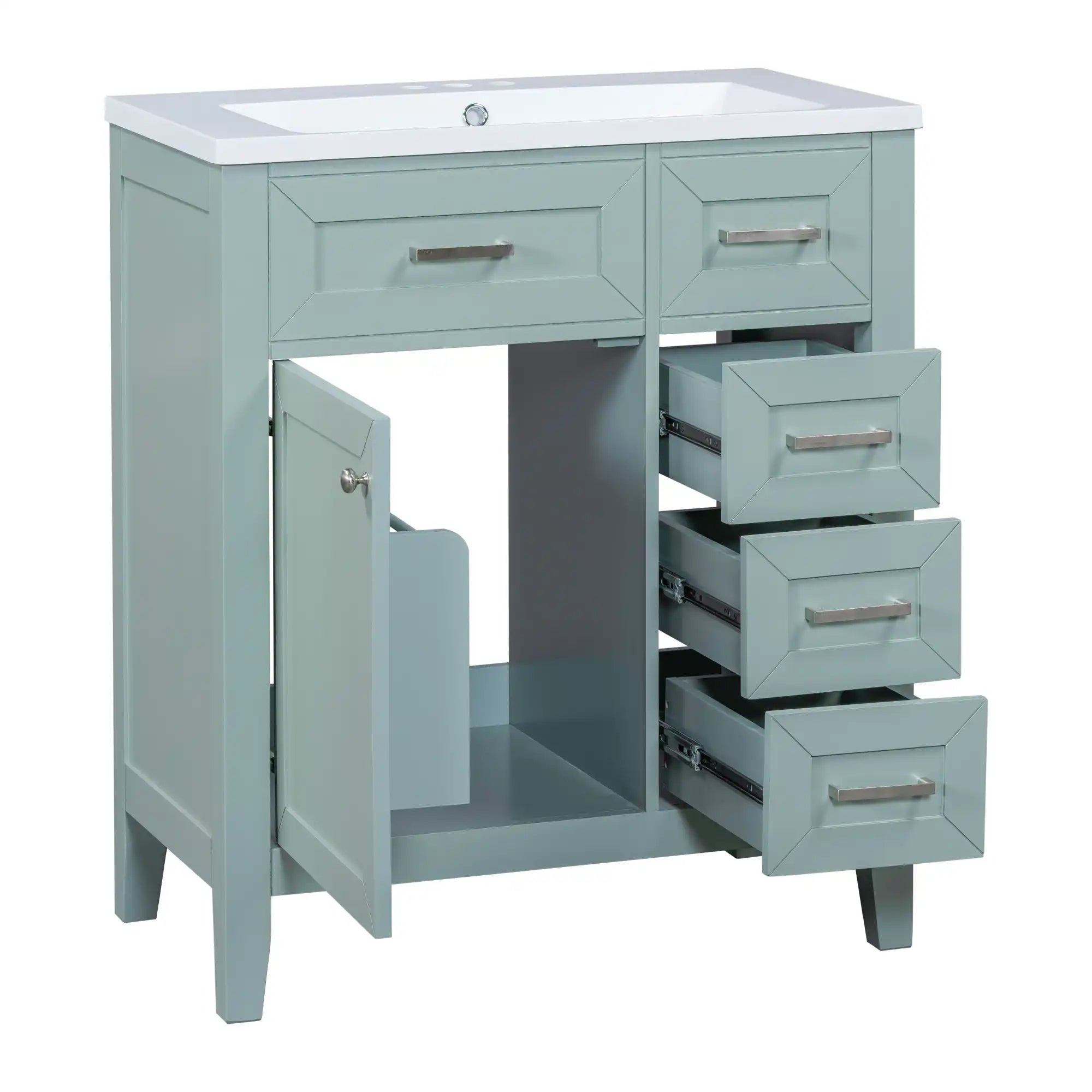 30 inch green bathroom vanity with sink and full storage view | Ace Decor