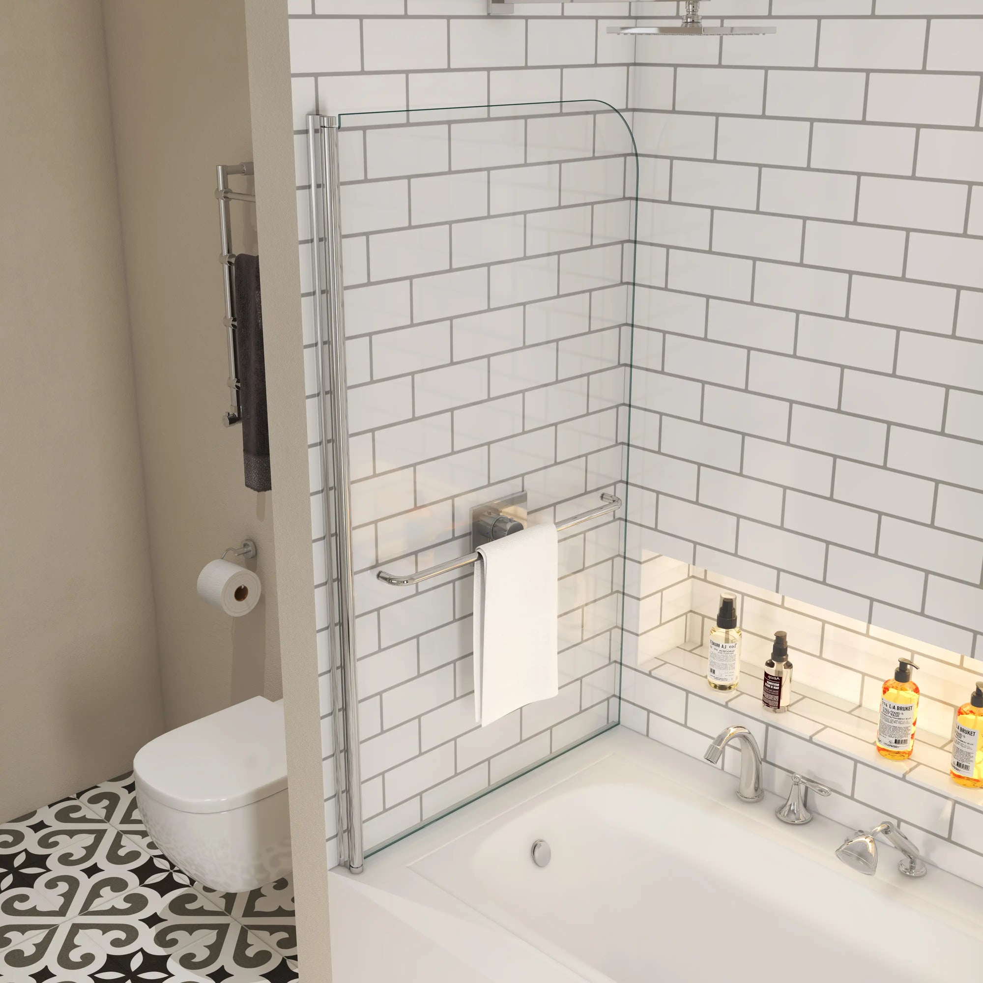 34 x 58 frameless bathtub shower door installed in a chrome tub-shower setup with towel bar | Ace Decor