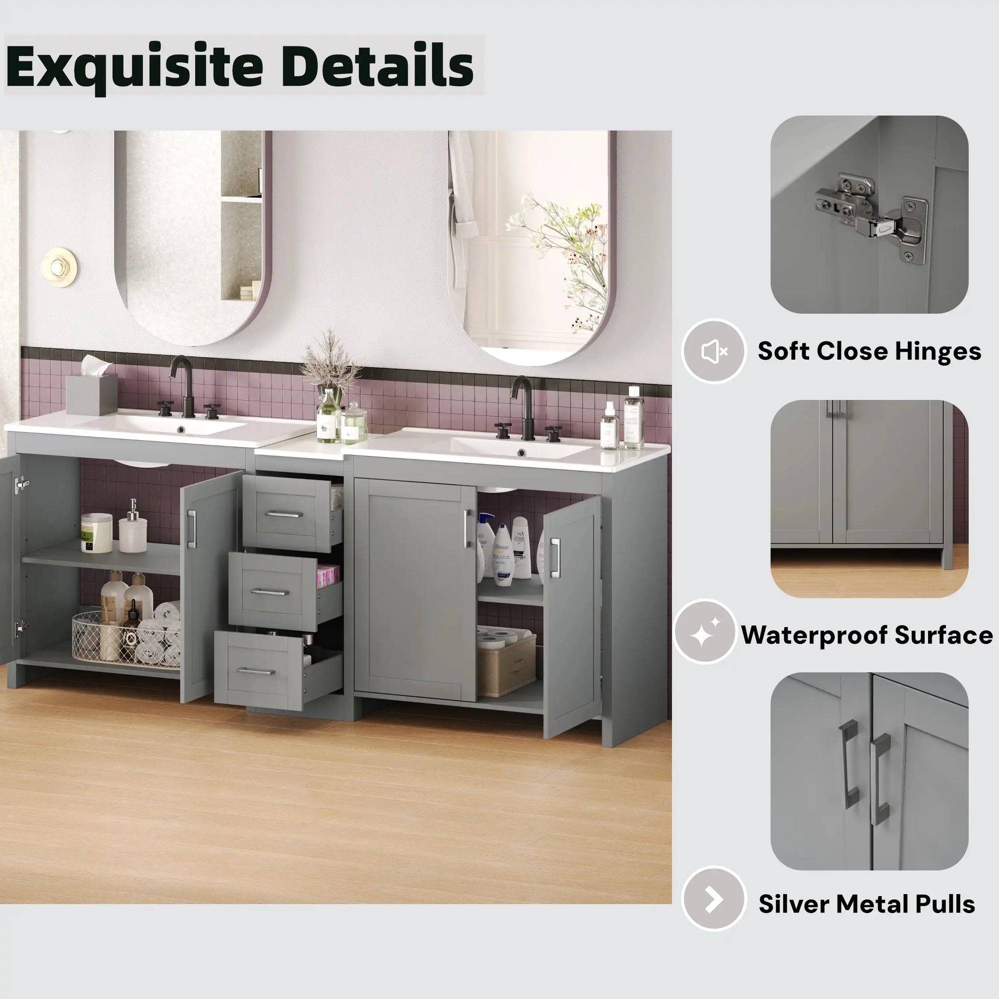 Elysian 84&quot; Freestanding Bathroom Vanity with Double Sinks – Grey