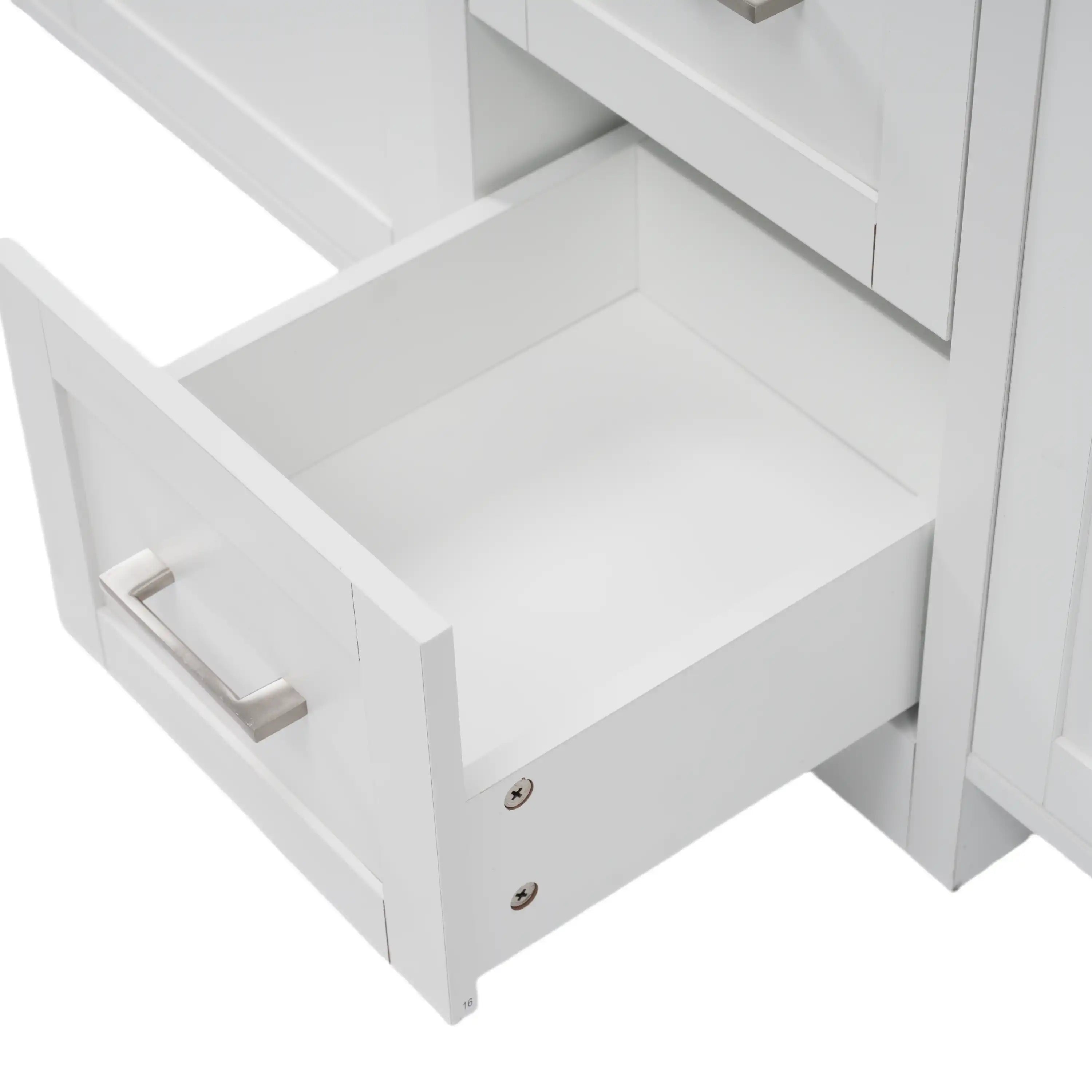 Open drawer detail of a freestanding bathroom vanity, showing sturdy construction and practical storage space | Ace Decor