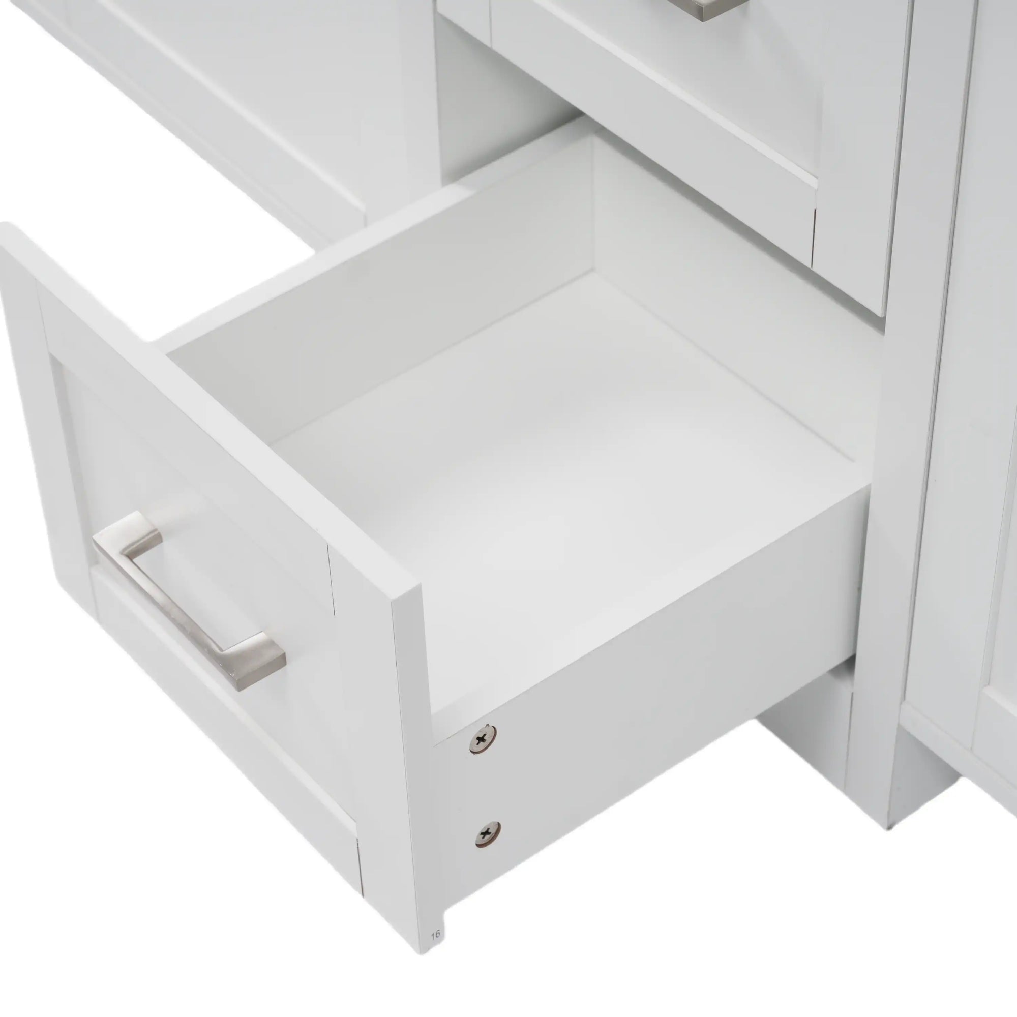 Open drawer detail of a freestanding bathroom vanity, showing sturdy construction and practical storage space | Ace Decor