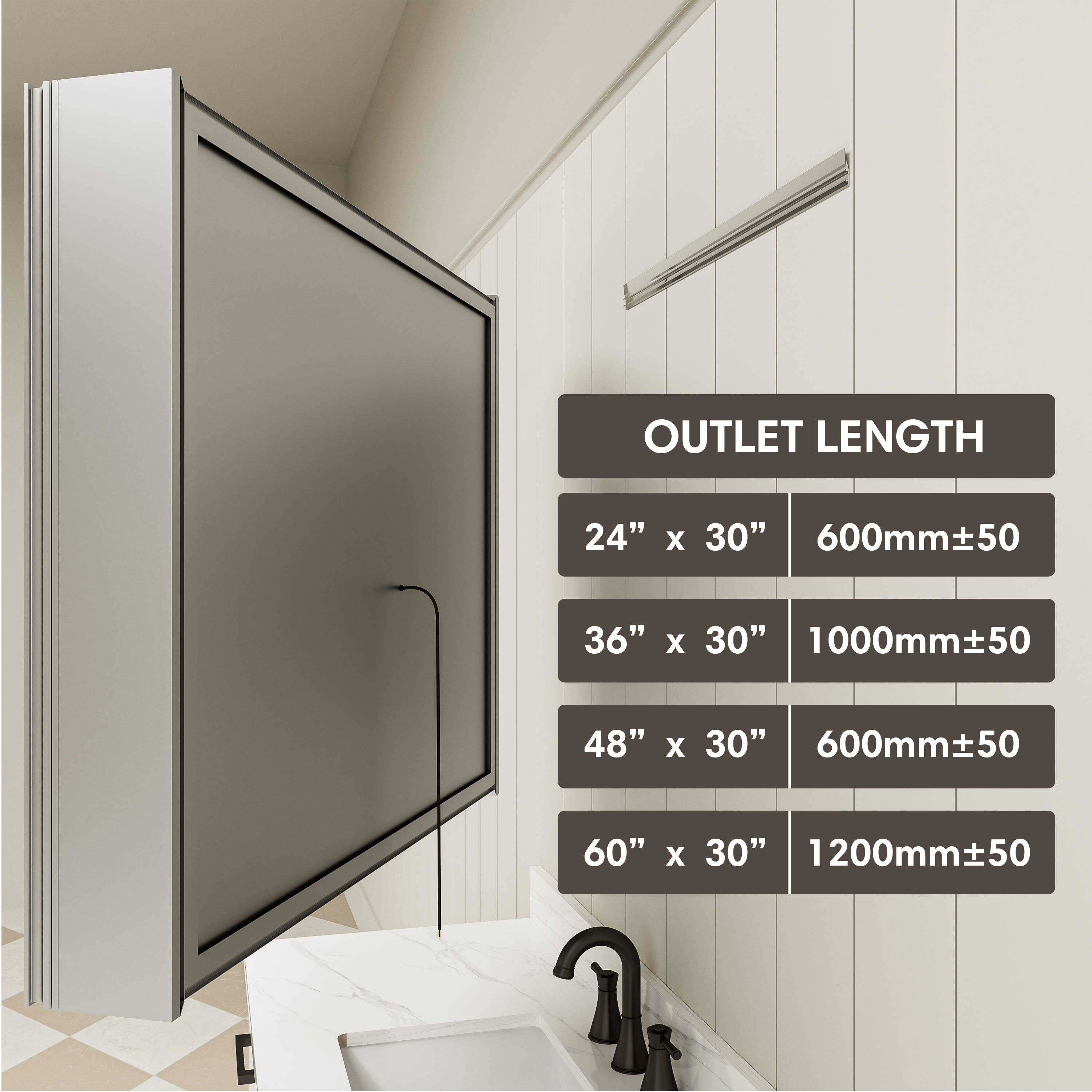 Outlet cord length specification of Pro Shower LED Medicine Cabinet.