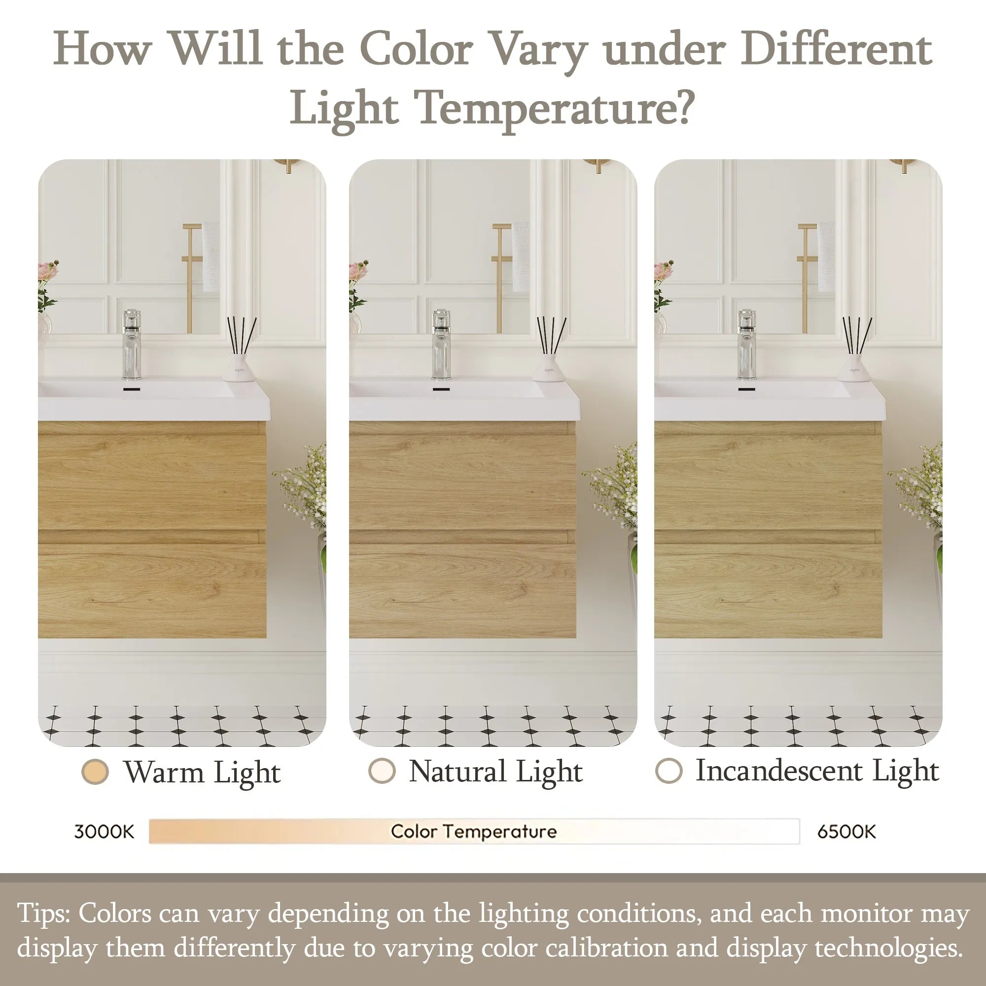 TerraLine light oak vanity color variation under warm, natural and incandescent light.