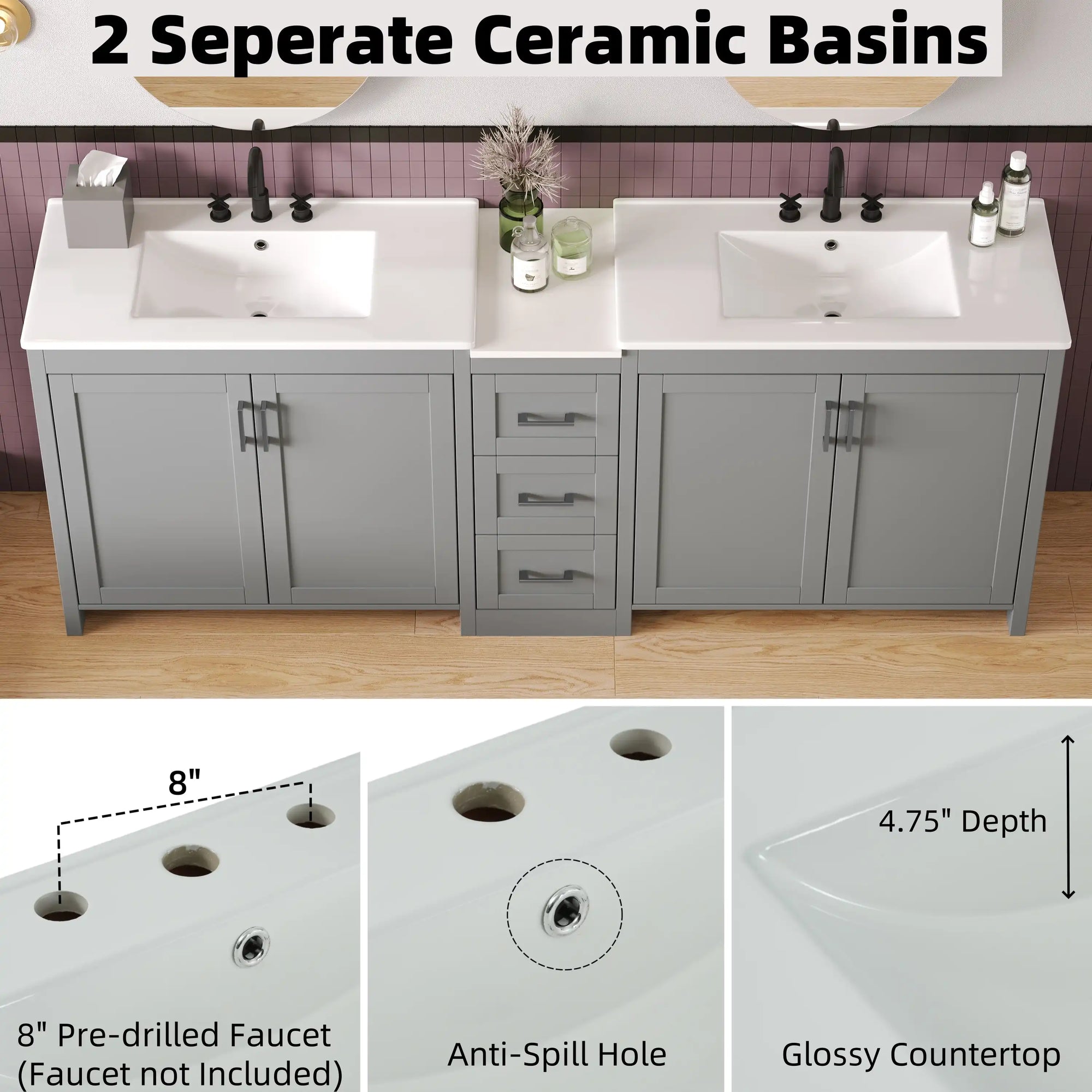 Elysian 84&quot; Freestanding Bathroom Vanity with Double Sinks – Grey