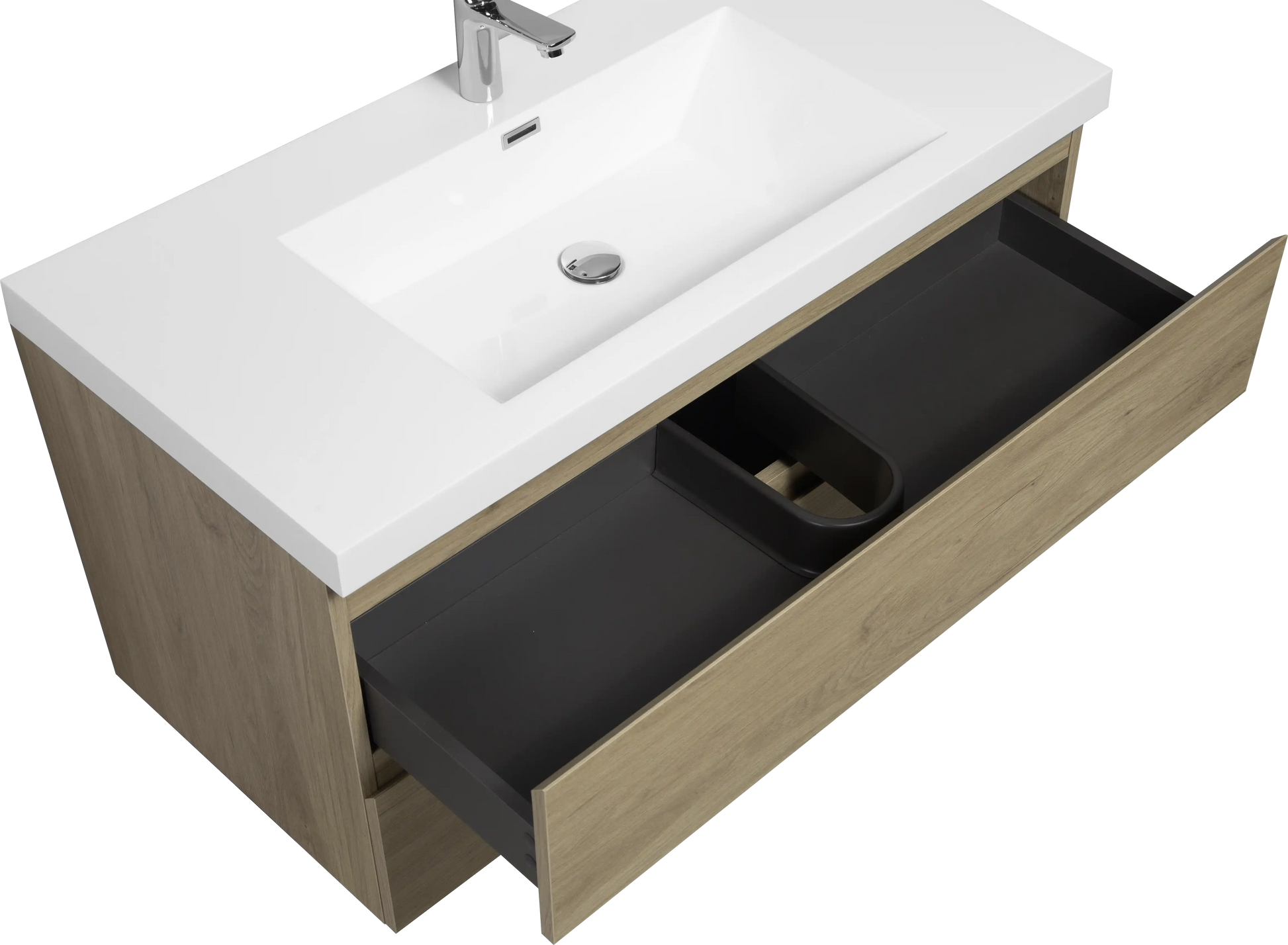 Floating Bathroom Vanity with Resin Top Basin & Soft Close Drawers - Modern Wall-Mounted Storage Cabinet color: Oak