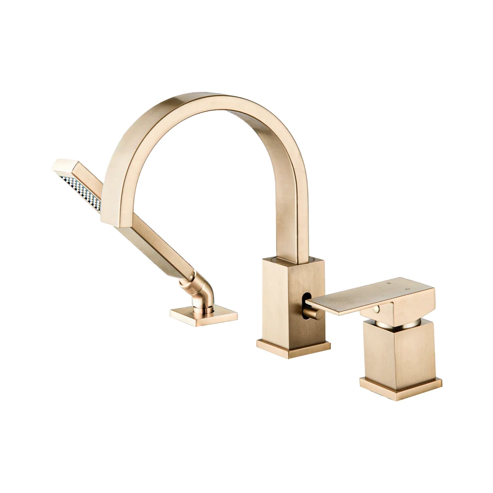 FLUNIX Brushed Gold Brass Waterfall Roman Deck Mounted Tub Faucet Set with Hand Shower