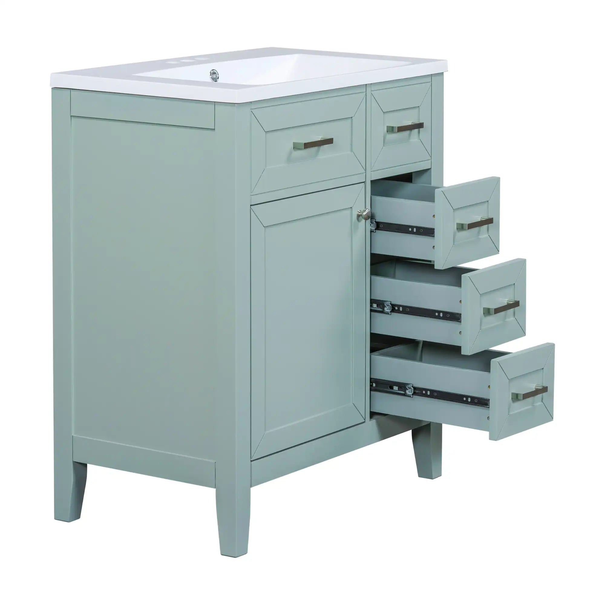 30 inch green bathroom vanity with sink and open drawers side view | Ace Decor