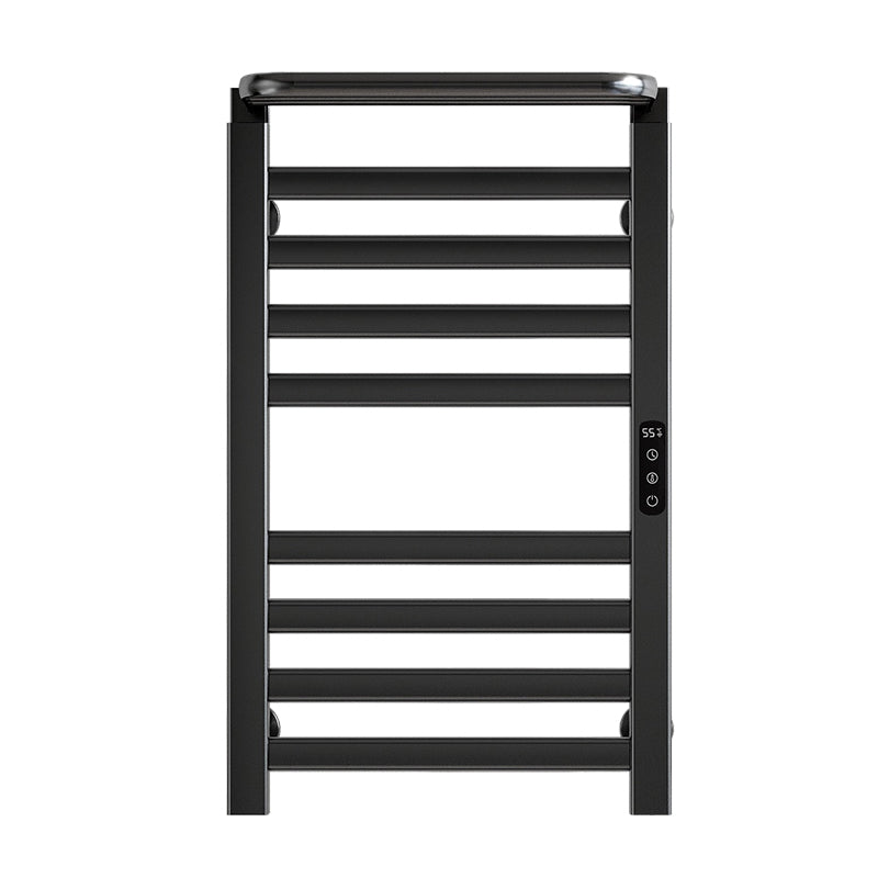 A sleek black WiFi-enabled heated towel rack with digital controls and a top shelf for added storage. | ACE DECOR