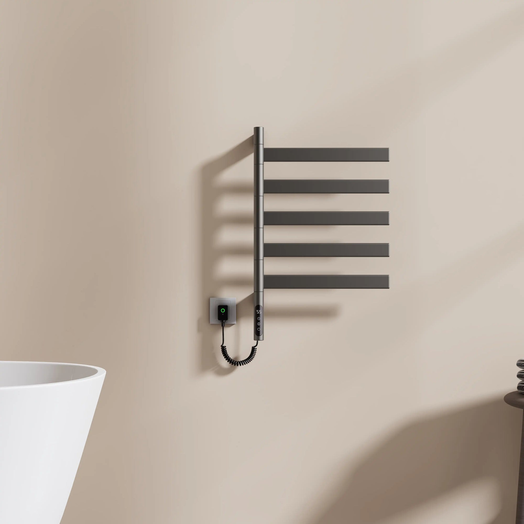 Velin Series 18 x 27 gray electric towel warmer for bathroom in minimalist wall-mounted setup | Ace Decor