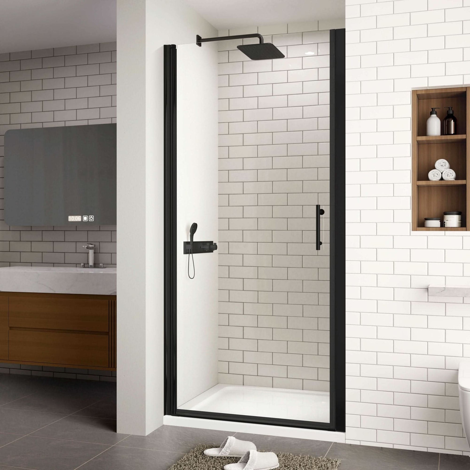 framed pivot shower door color:matte black