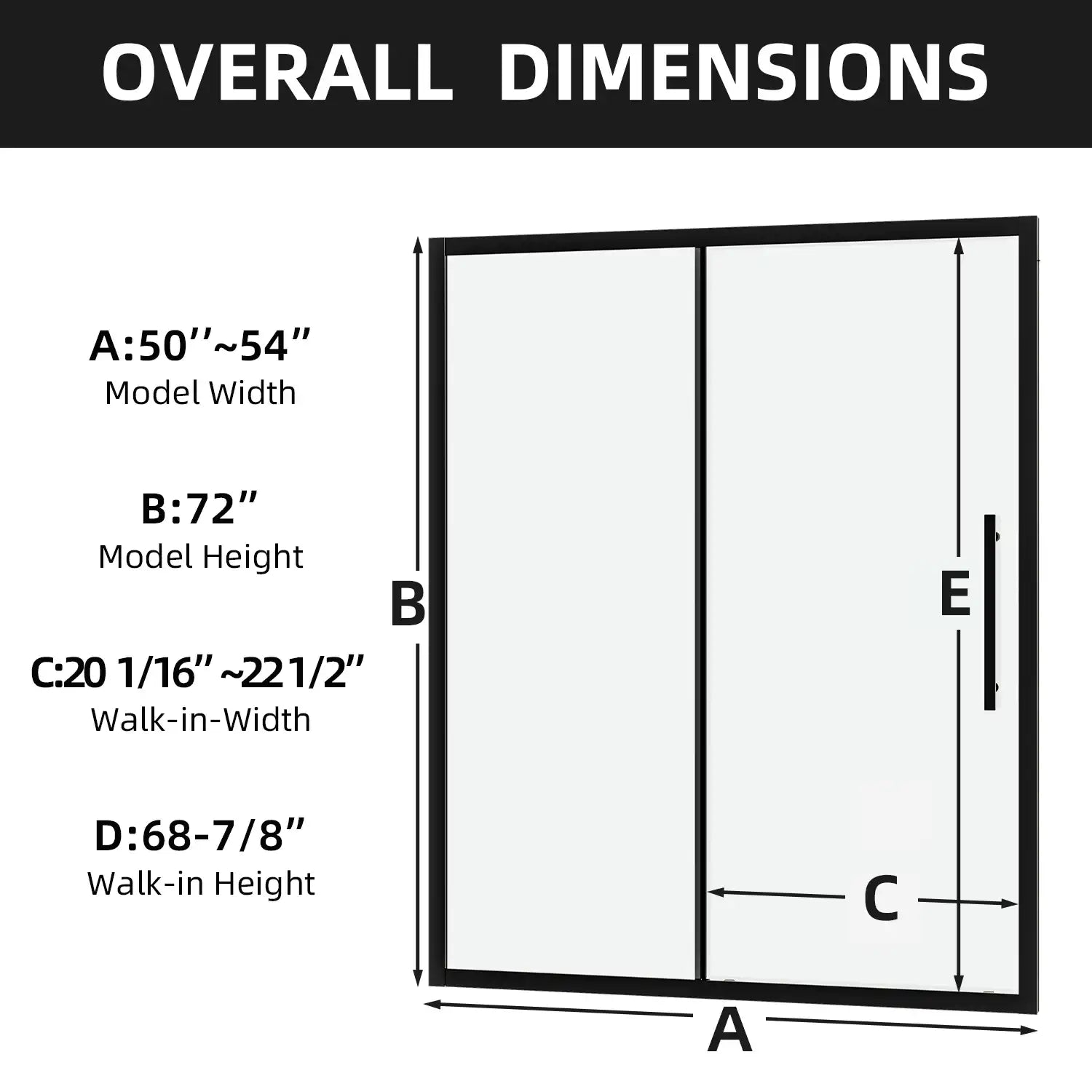 Overall Dimensions of the 54" x 72" Brivio Series matte black framed sliding shower door.