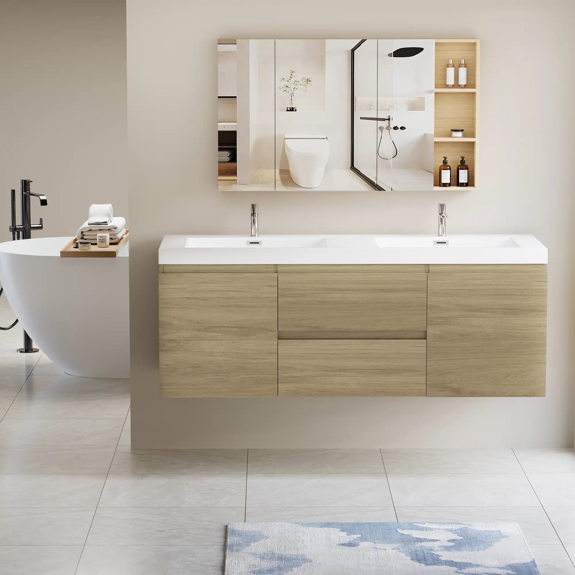 47/59" Modern Floating Bathroom Vanity with Resin Top Basin color: Oak | sink: Double