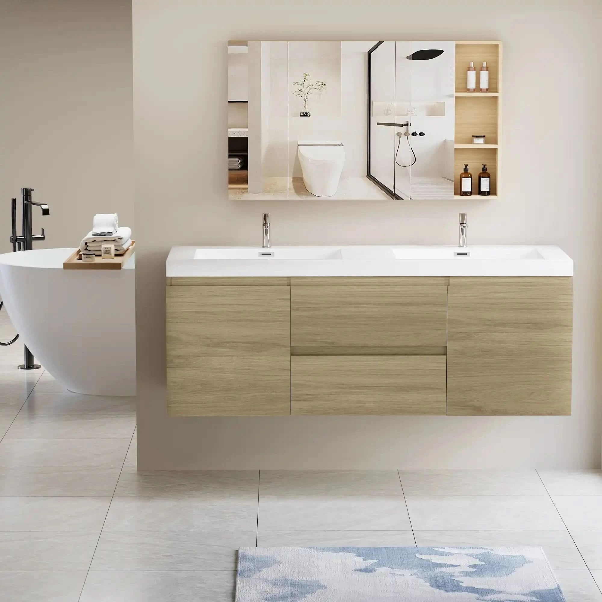 47/59&quot; Modern Floating Bathroom Vanity with Resin Top Basin color: Oak | sink: Double