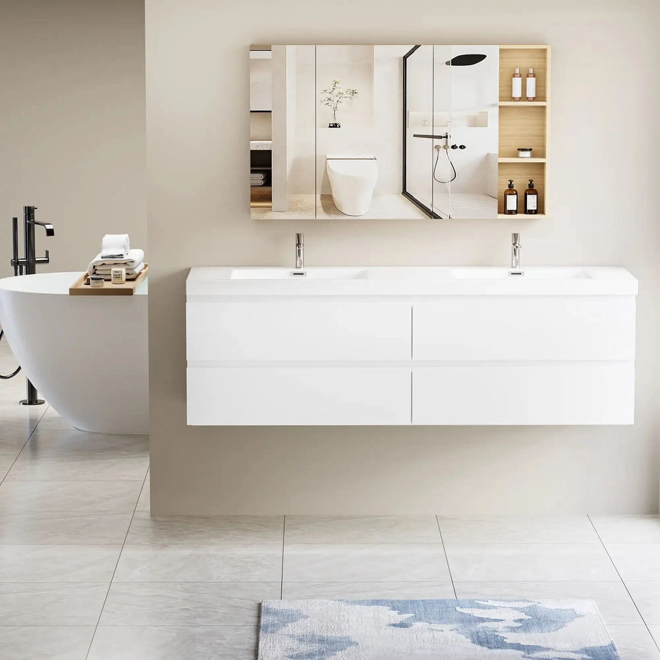 71 Hanging Bathroom Vanity – Double Sinks, 4 Soft-Close Drawers, 4 Color Options