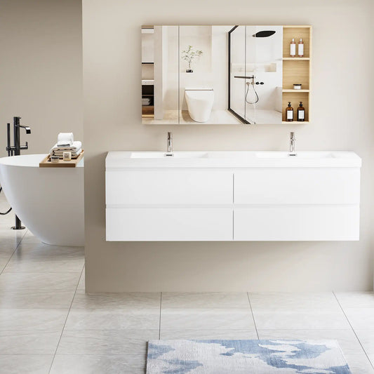 Sleek Floating Bathroom Vanity with Dual Resin Basins & Soft Close Drawers color: White