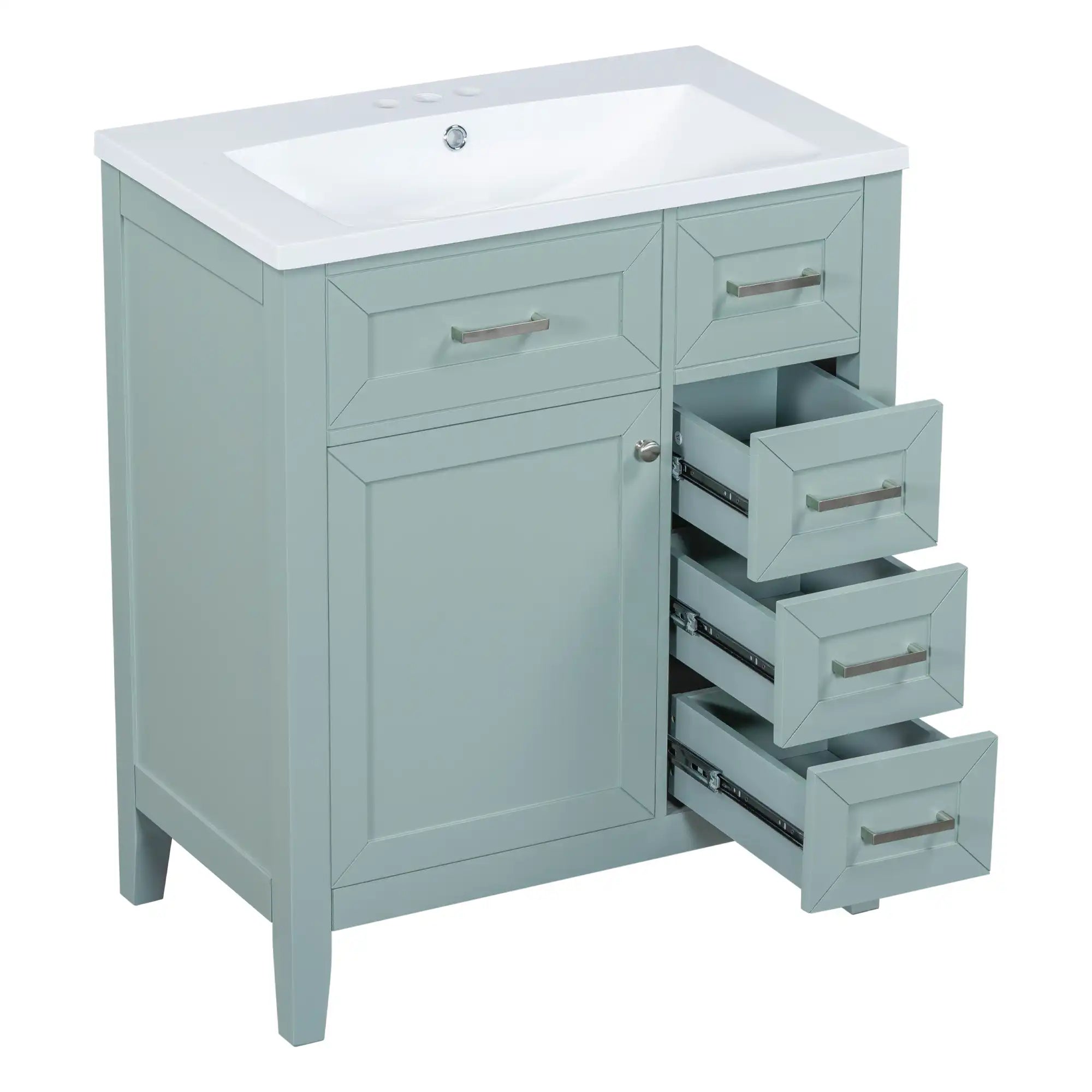 30 inch green bathroom vanity with open drawers front angle view | Ace Decor