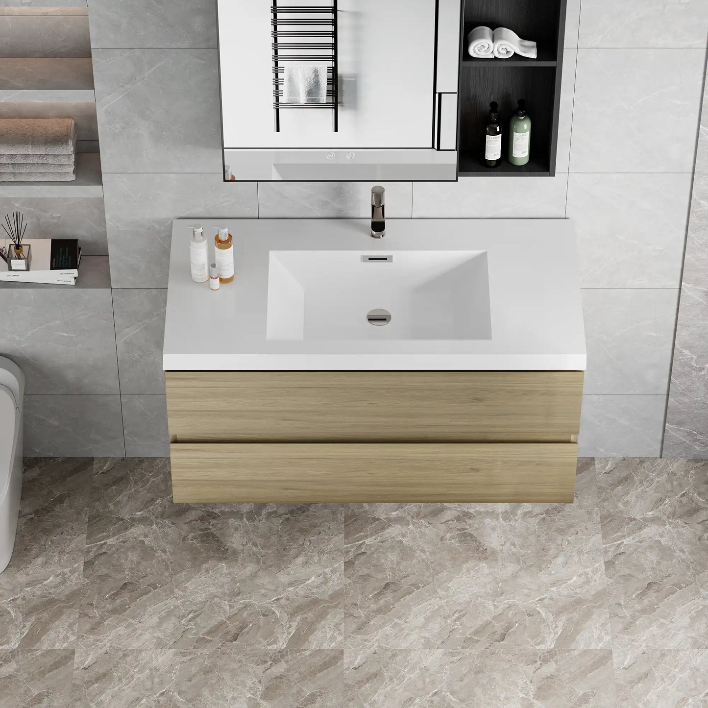 Floating Bathroom Vanity with Resin Top Basin & Soft Close Drawers - Modern Wall-Mounted Storage Cabinet color: Oak