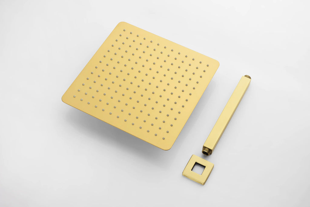 Brushed gold square showerhead with matching arm and wall plate, featuring modern design and premium finish for luxury bathrooms.