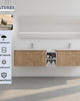 Monterey Series 84" Double Floating Bathroom Vanity in Imitative Oak with Side Cabinet and Integrated Sink