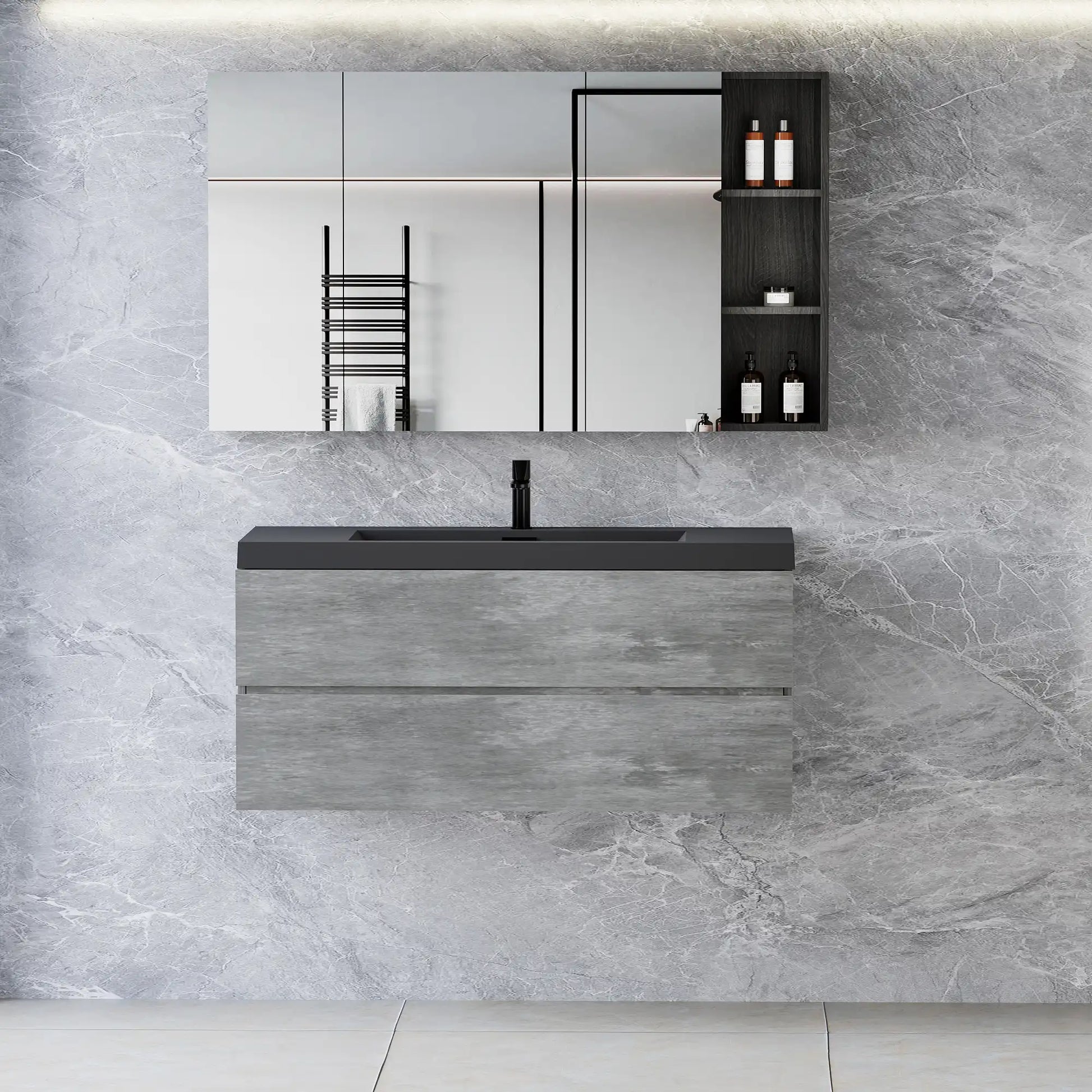 Floating Bathroom Vanity with Quartz Sand Basin and Soft Close Drawers color: Grey