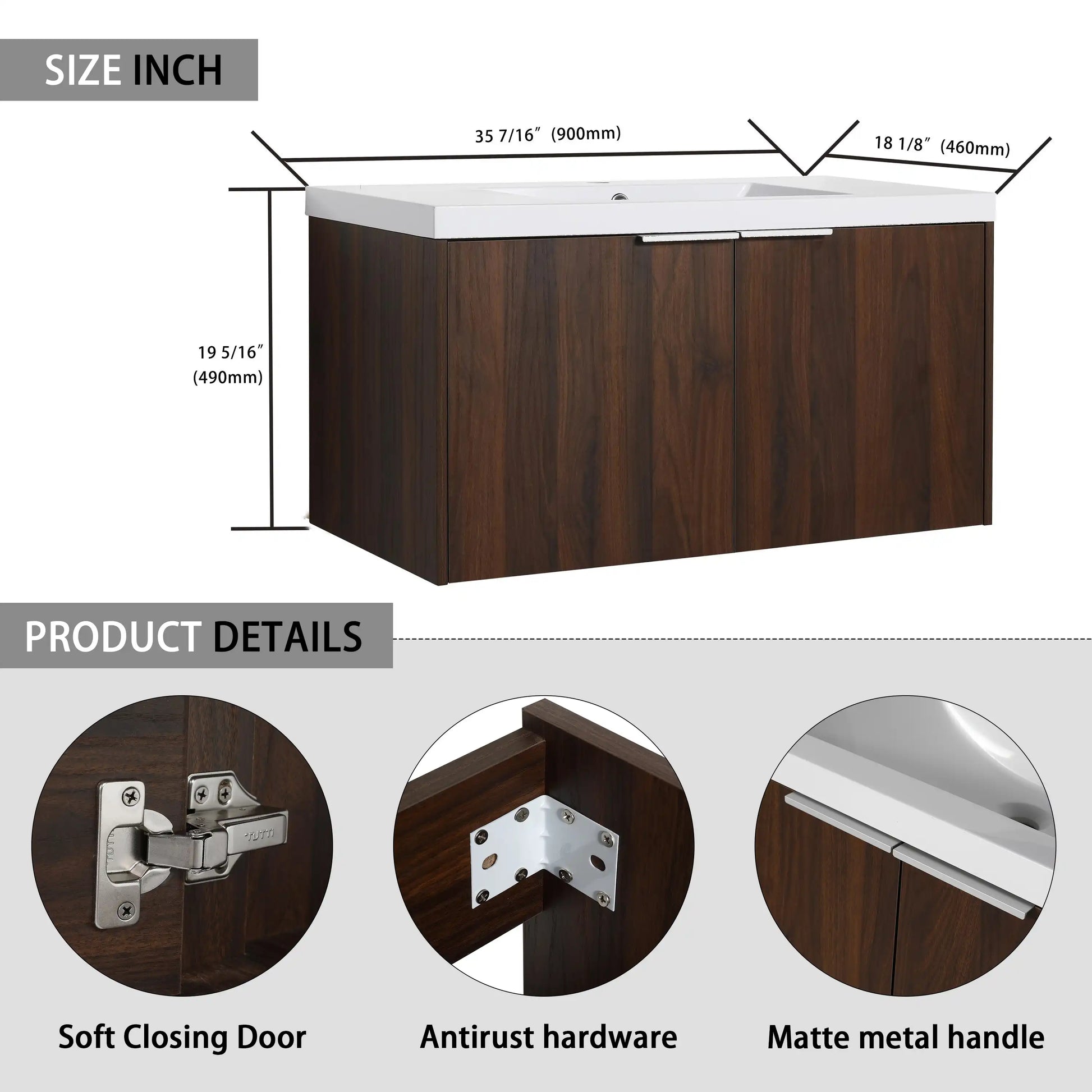 Floating Bathroom Cabinet with Sink & Soft-Close Doors - Ideal for Small Bathrooms color: California Walnut | size: 35 inch | combination: Separate Wash Basin