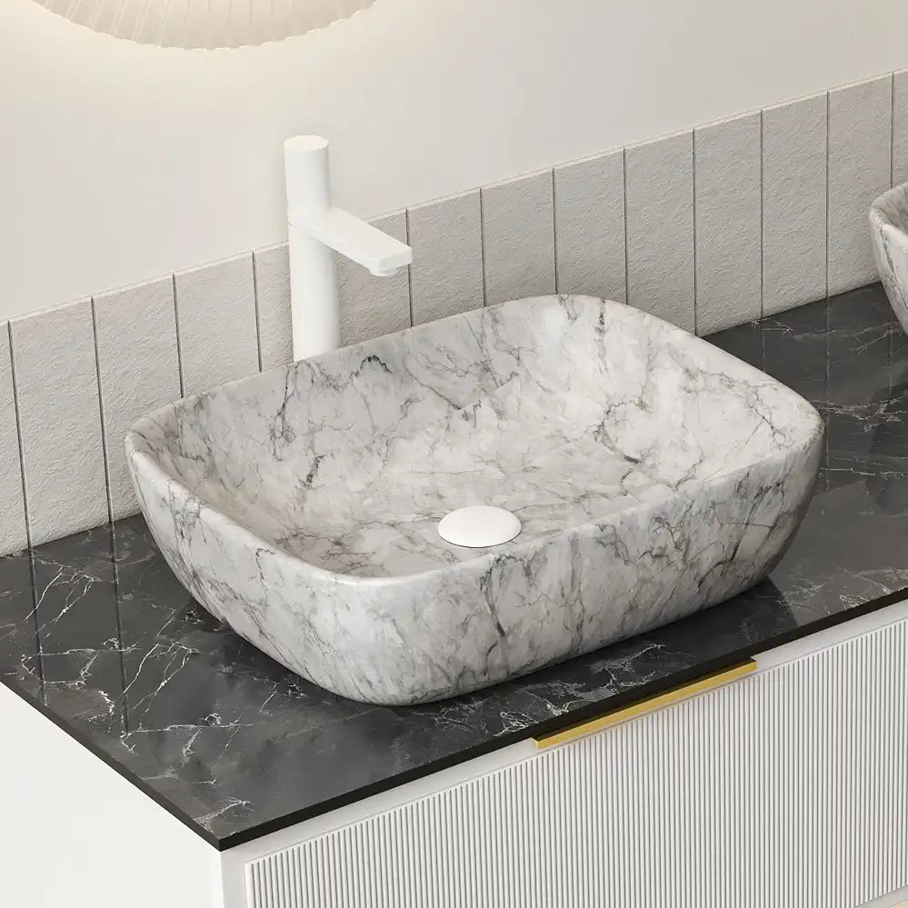 19 inch marble-look ceramic sink for bathroom on black vanity top | Ace Decor