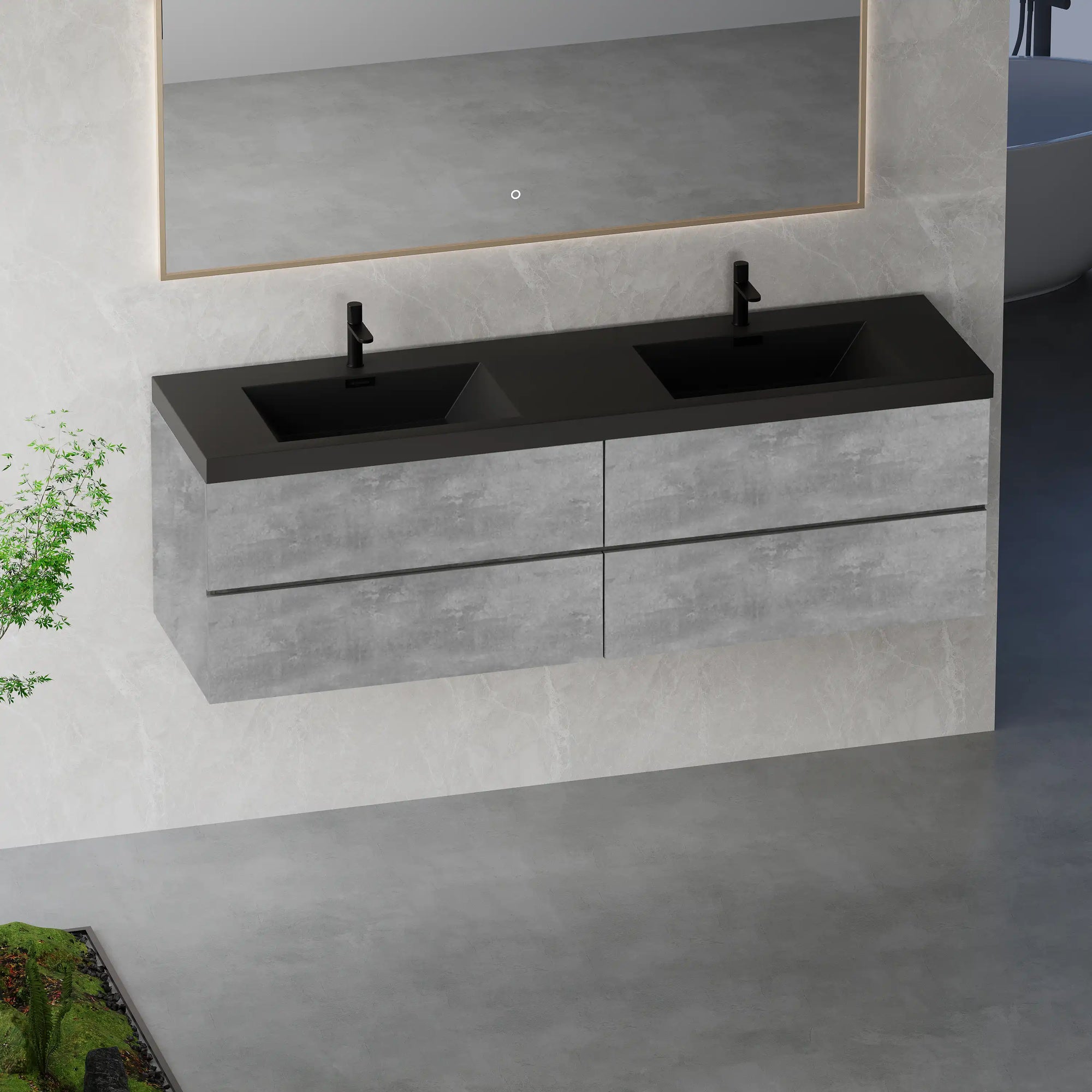 Front view of grey floating vanity 72 x 19 with dual sinks | Ace Decor