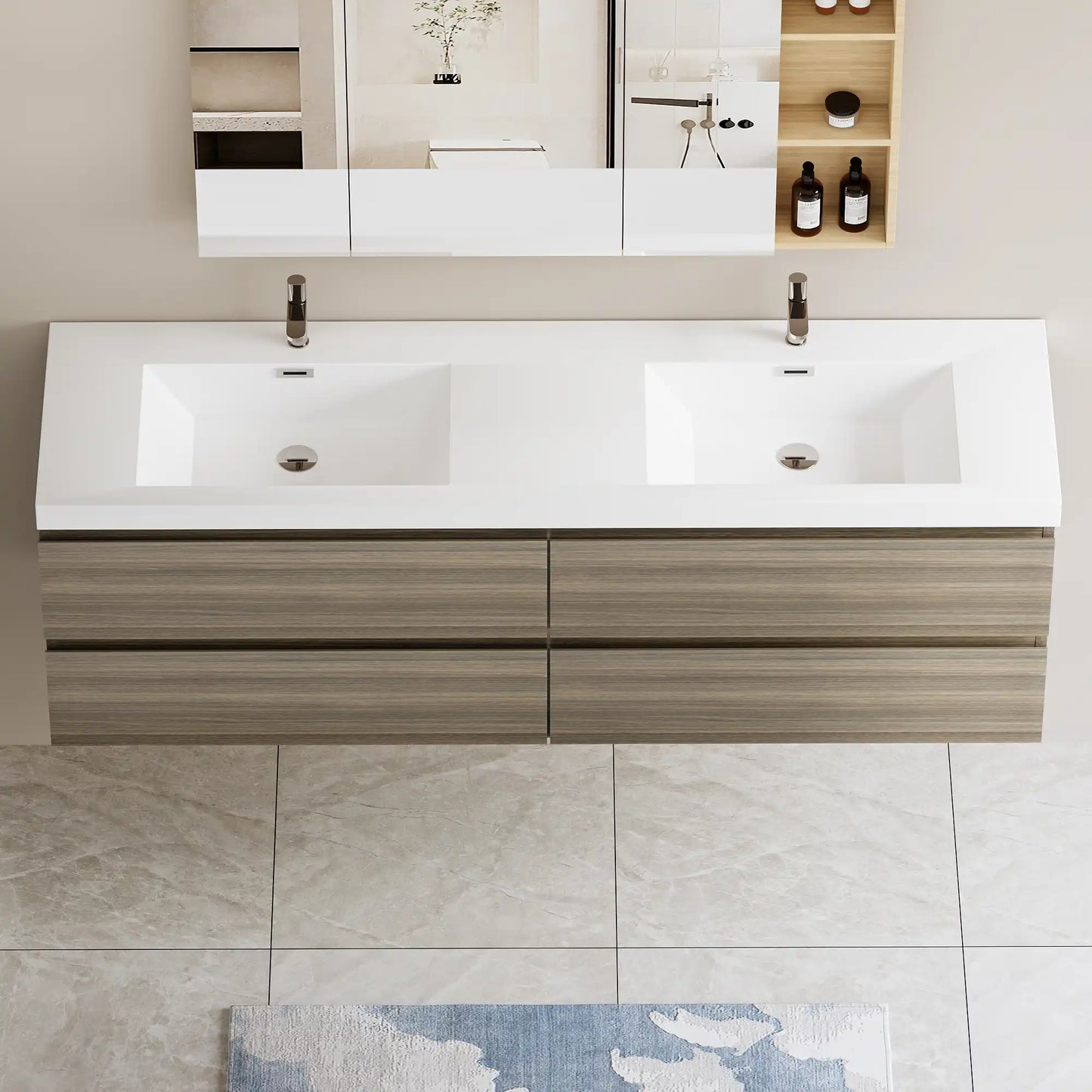 Sleek Floating Bathroom Vanity with Dual Resin Basins & Soft Close Drawers color: Ash Grey