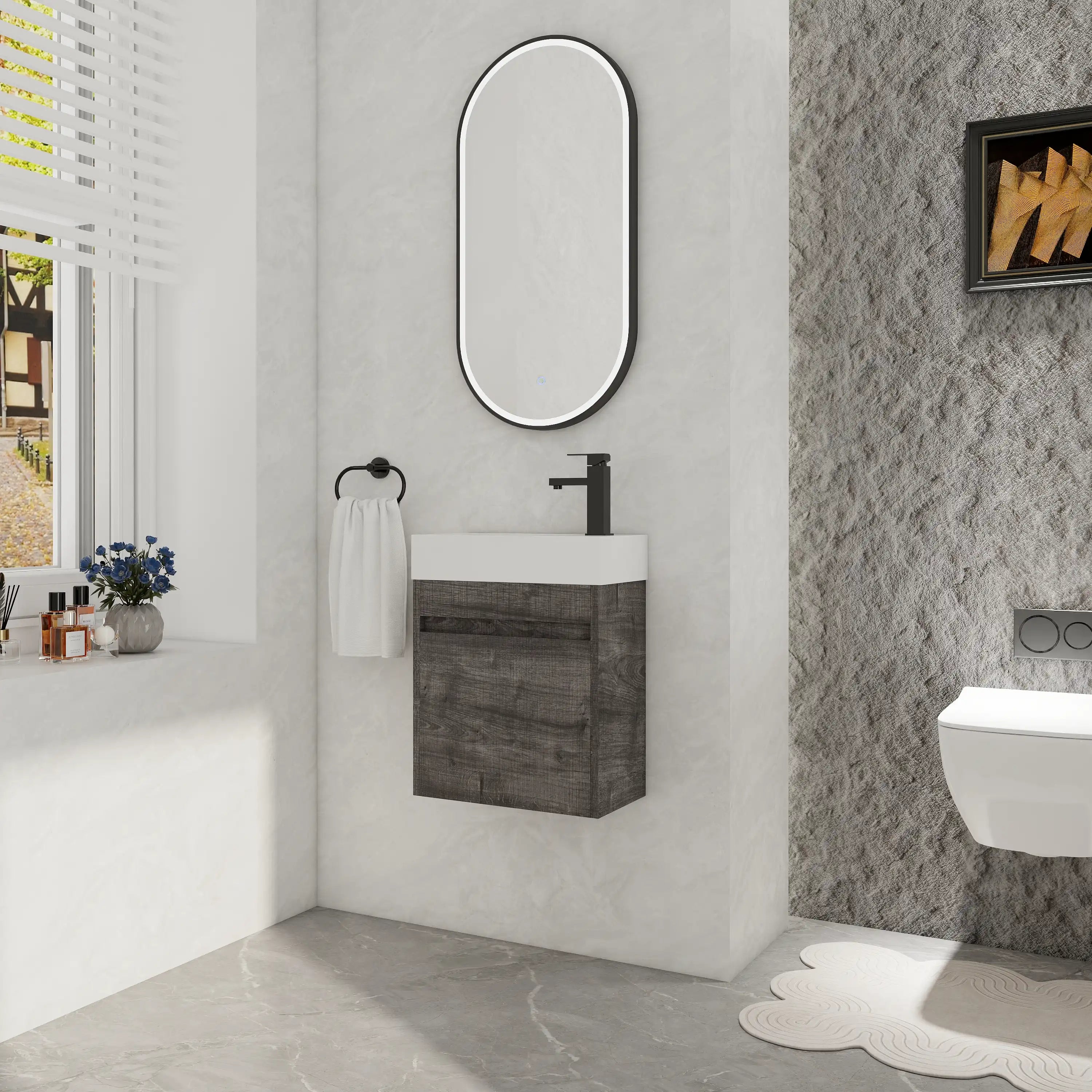 Aeris Series 18" Plaid Grey wall-mounted vanity with integrated sink, side angle view with natural window light in modern bathroom.