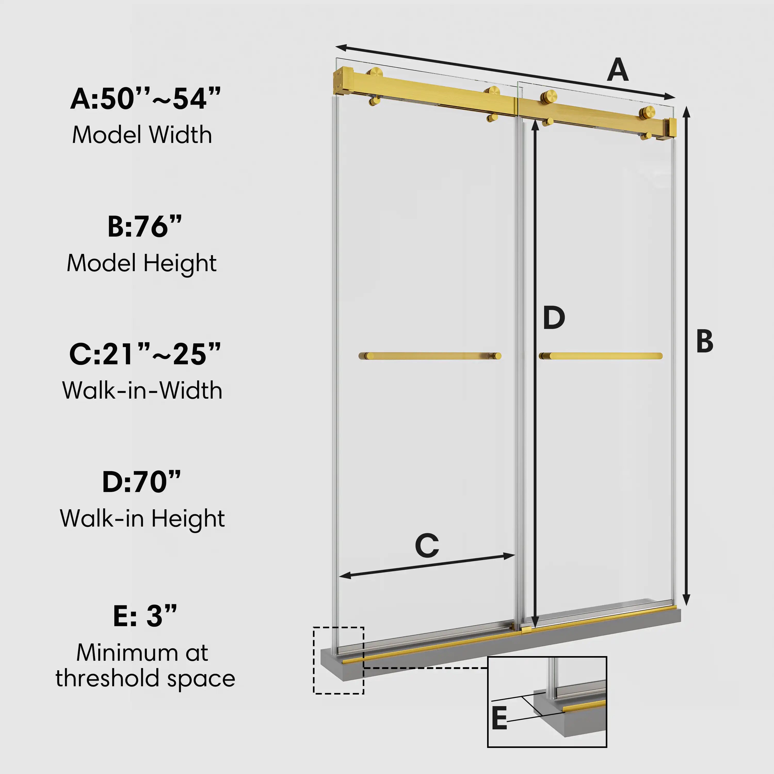 54 x 76 frameless double sliding shower doors size chart showing model width, height, and walk-in dimensions | Ace Decor