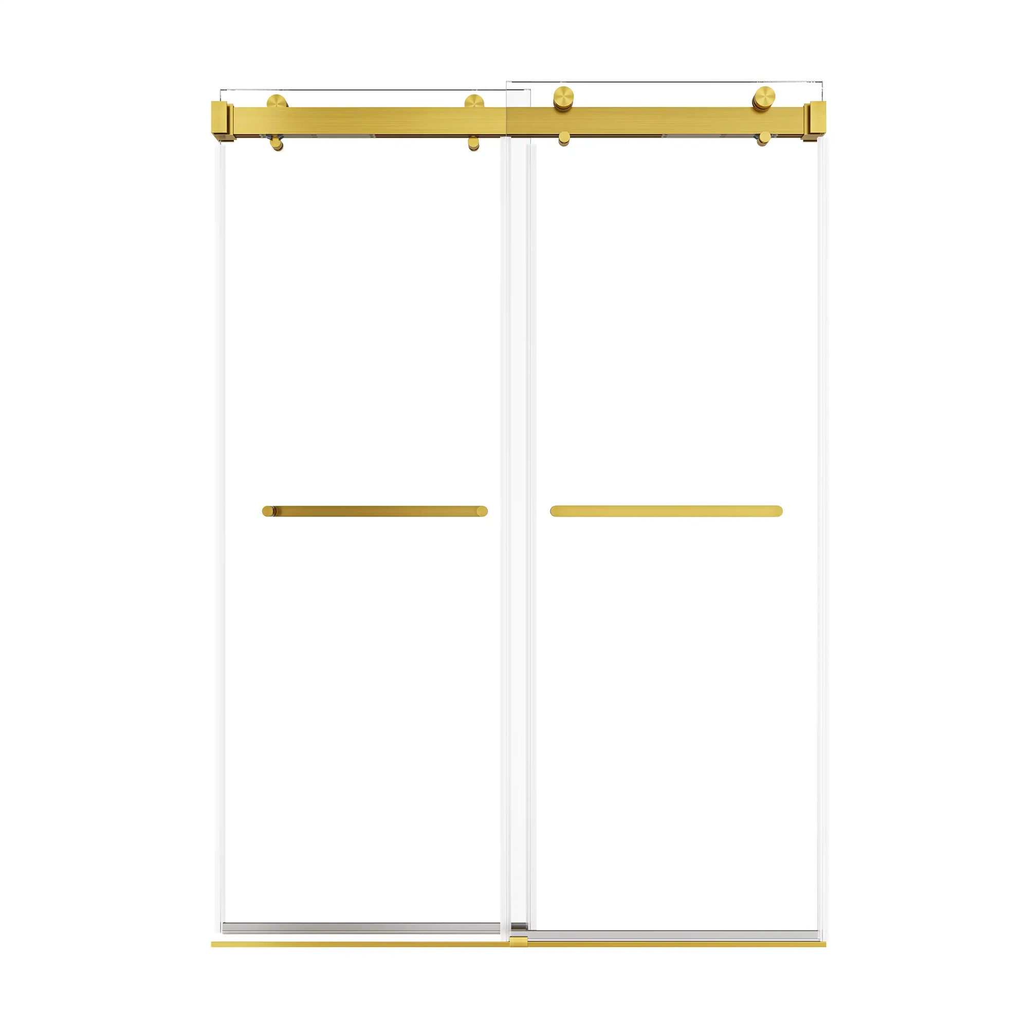 Front view of a 54 x 76 sliding shower door frameless design with gold hardware | Ace Decor