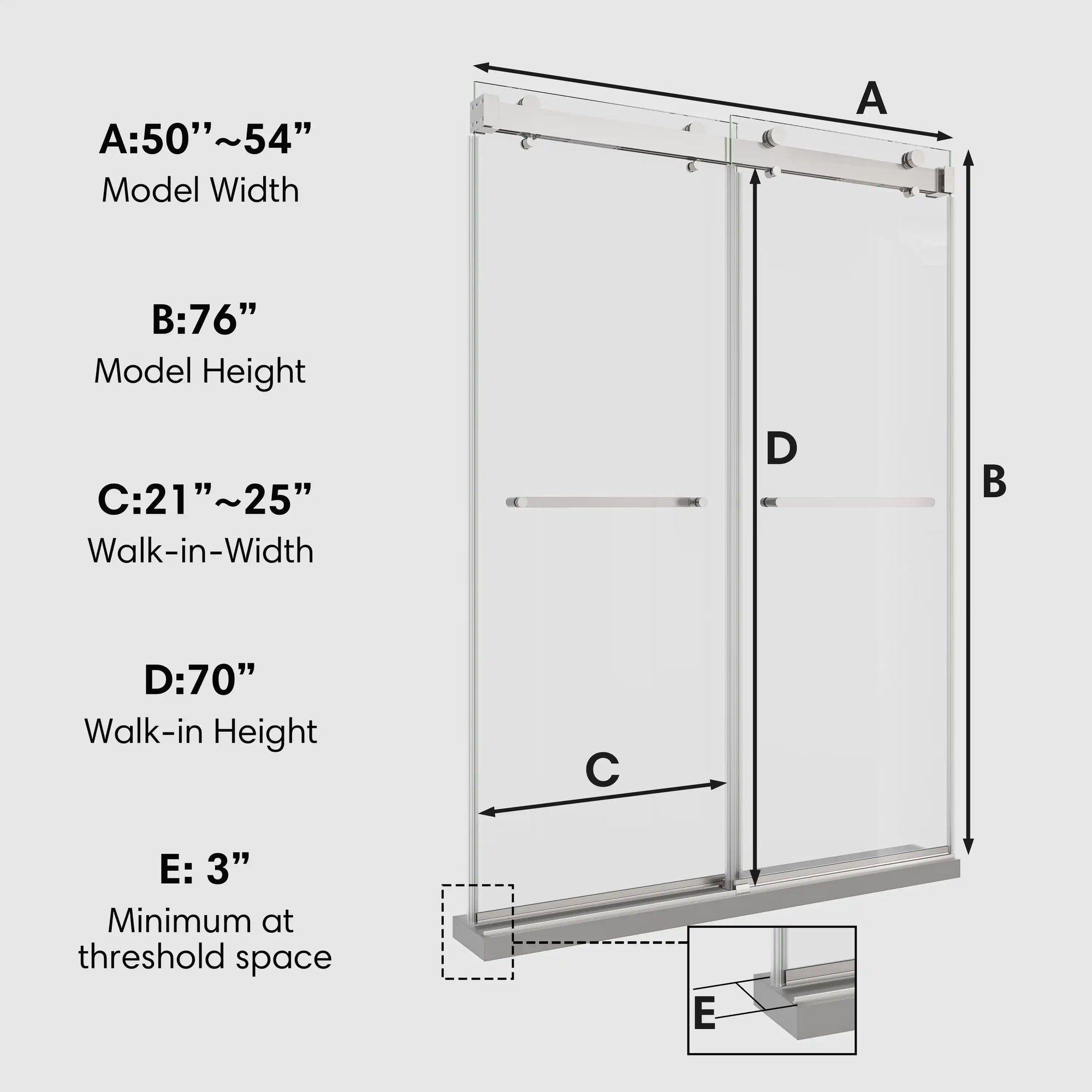 Dimension diagram of 54 x 76 chrome 50-54 sliding shower doors showing width, height, and walk-in measurements for installation reference | Ace Decor