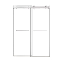 54 x 76 brushed nickel sliding shower doors for small showers with frameless dual panel design and modern towel bars | Ace Decor