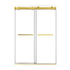 54 x 76 frameless double sliding shower doors in brushed gold finish, featuring minimalist modern design and clear tempered glass | Ace Decor