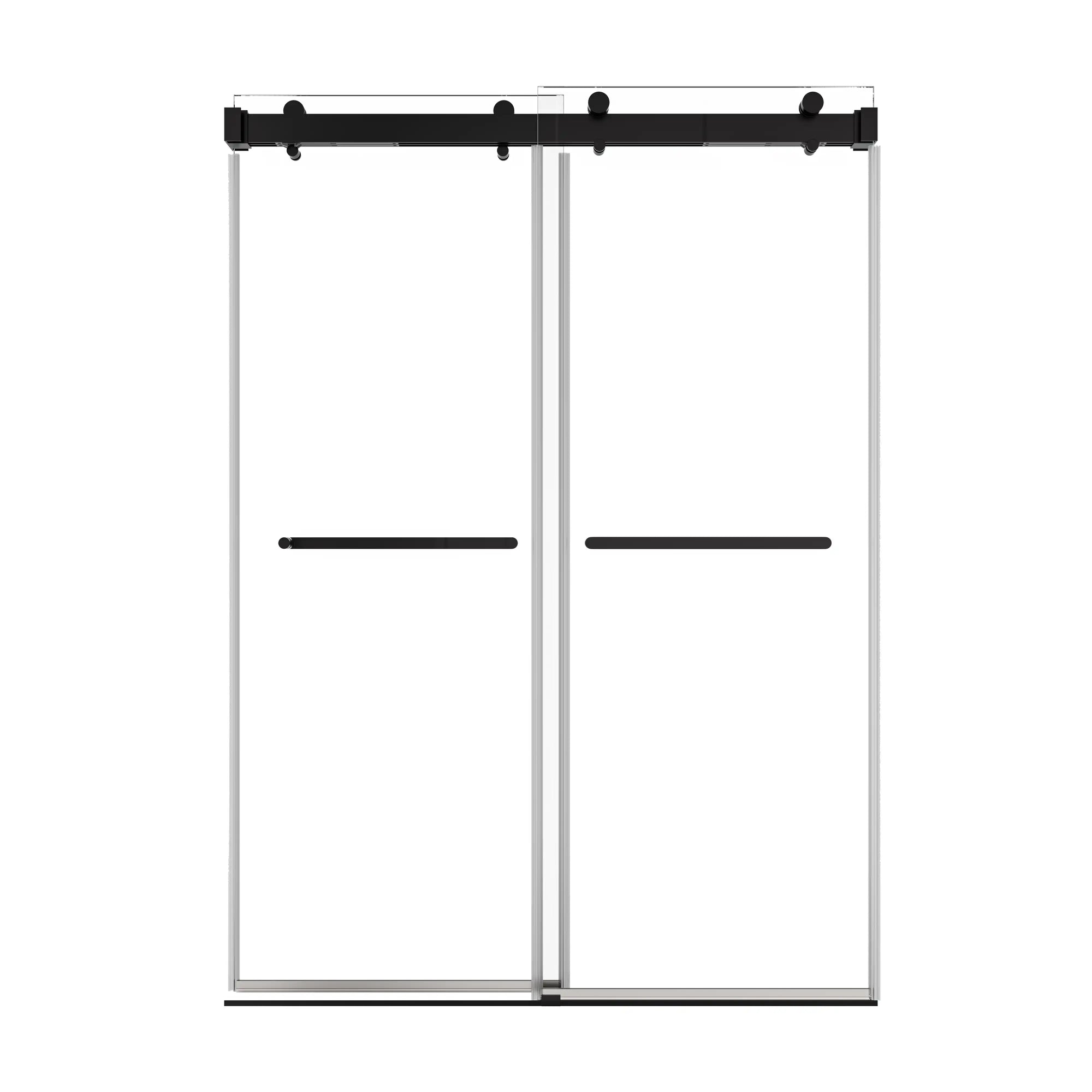 Double sliding glass shower doors in matte black finish, 54 x 76 inches, featuring minimalist frameless design | Ace Decor