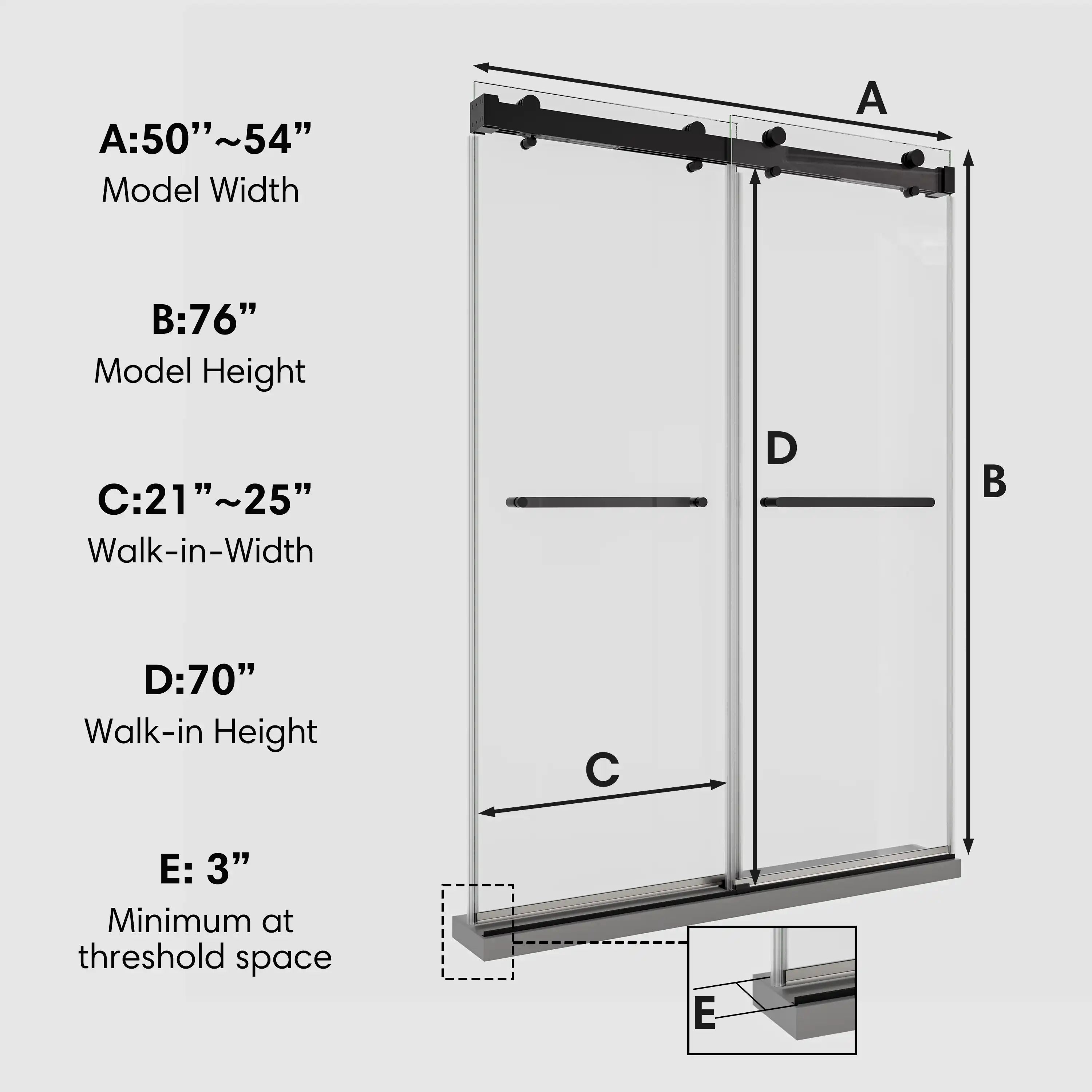 Dimensions diagram of double sliding glass shower doors, 54 x 76 inches, showing width, height, and walk-in range | Ace Decor
