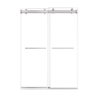 54 x 76 brushed nickel sliding shower doors for small showers with frameless dual panel design and modern towel bars | Ace Decor