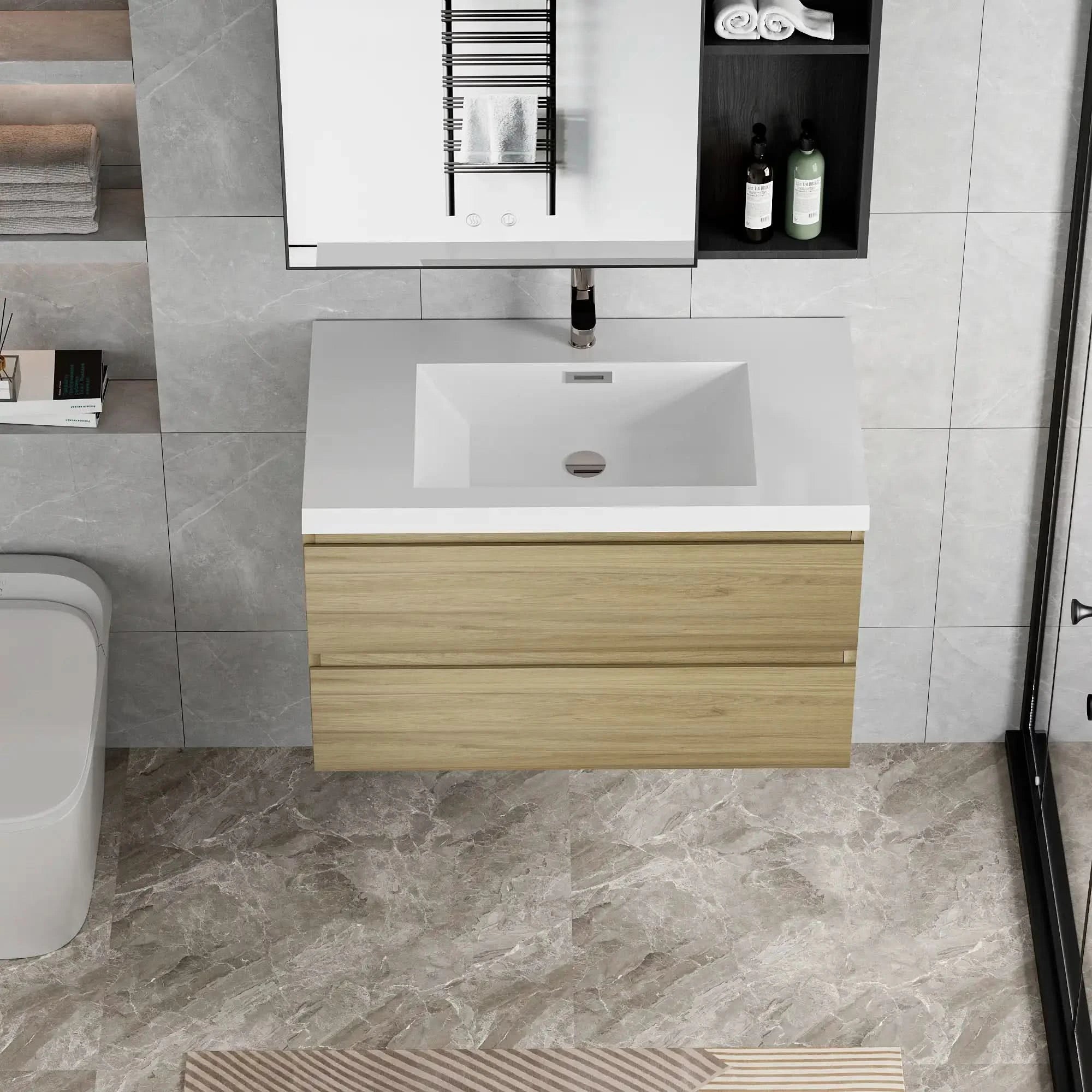 Floating Bathroom Vanity with Resin Top Basin &amp; Soft Close Drawers - Modern Wall-Mounted Storage Cabinet color: Oak