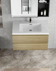 Floating Bathroom Vanity with Resin Top Basin & Soft Close Drawers - Modern Wall-Mounted Storage Cabinet color: Oak