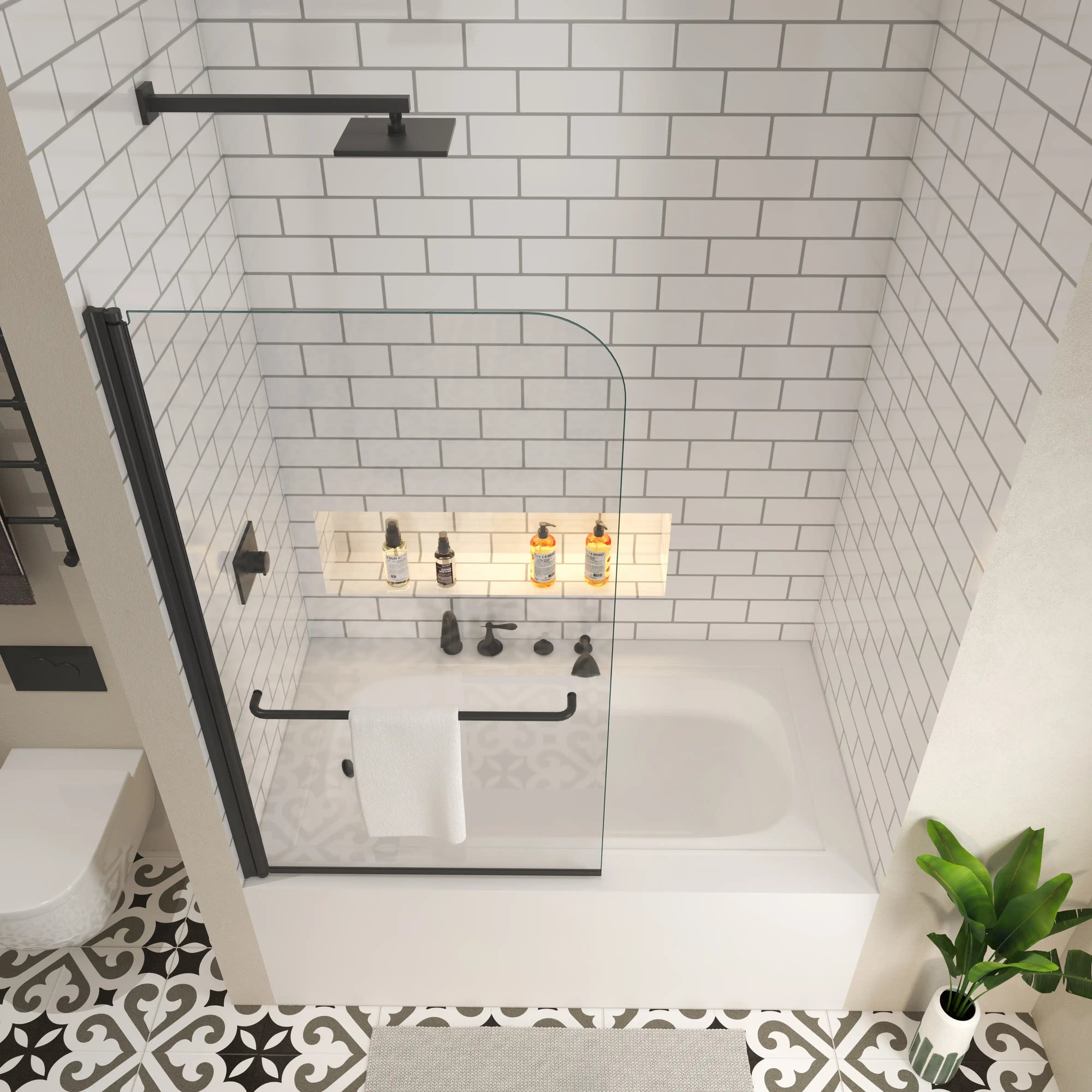 34 x 58 bathtub half glass door in a contemporary bathroom with subway tile walls | Ace Decor