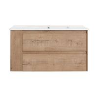36" wall mounted bathroom vanity with oak finish and integrated ceramic sink front view | Ace Decor