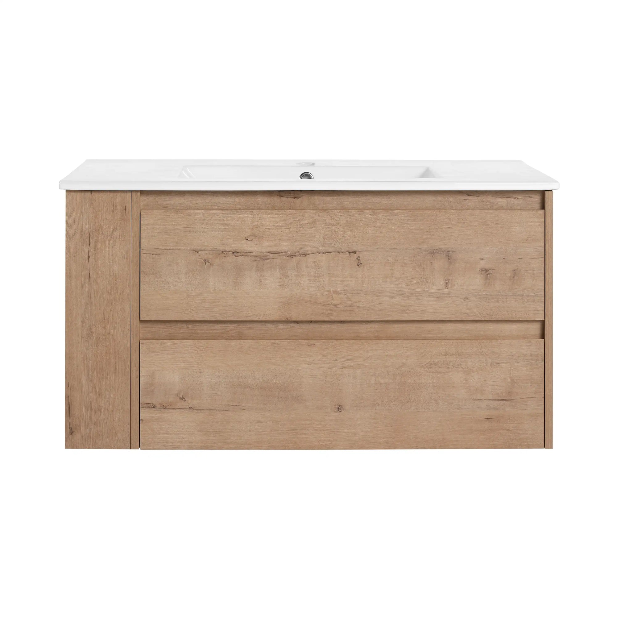 36" wall mounted bathroom vanity with oak finish and integrated ceramic sink front view | Ace Decor