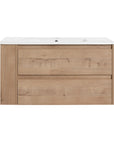 36" wall mounted bathroom vanity with oak finish and integrated ceramic sink front view | Ace Decor