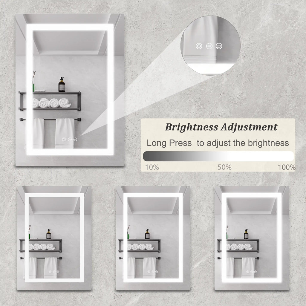 Orren LED medicine cabinet showing adjustable brightness levels controlled by long-press touch button.
