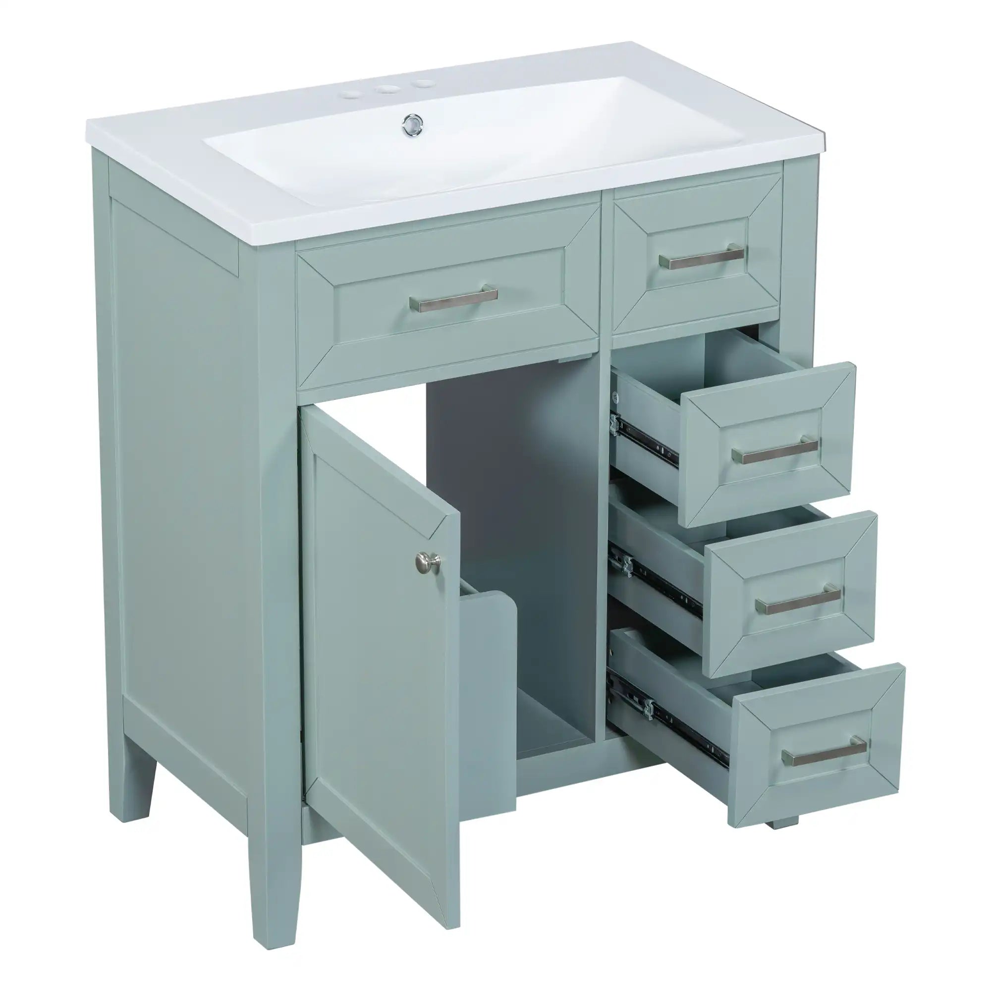 30 inch green bathroom vanity with sink and full storage view | Ace Decor