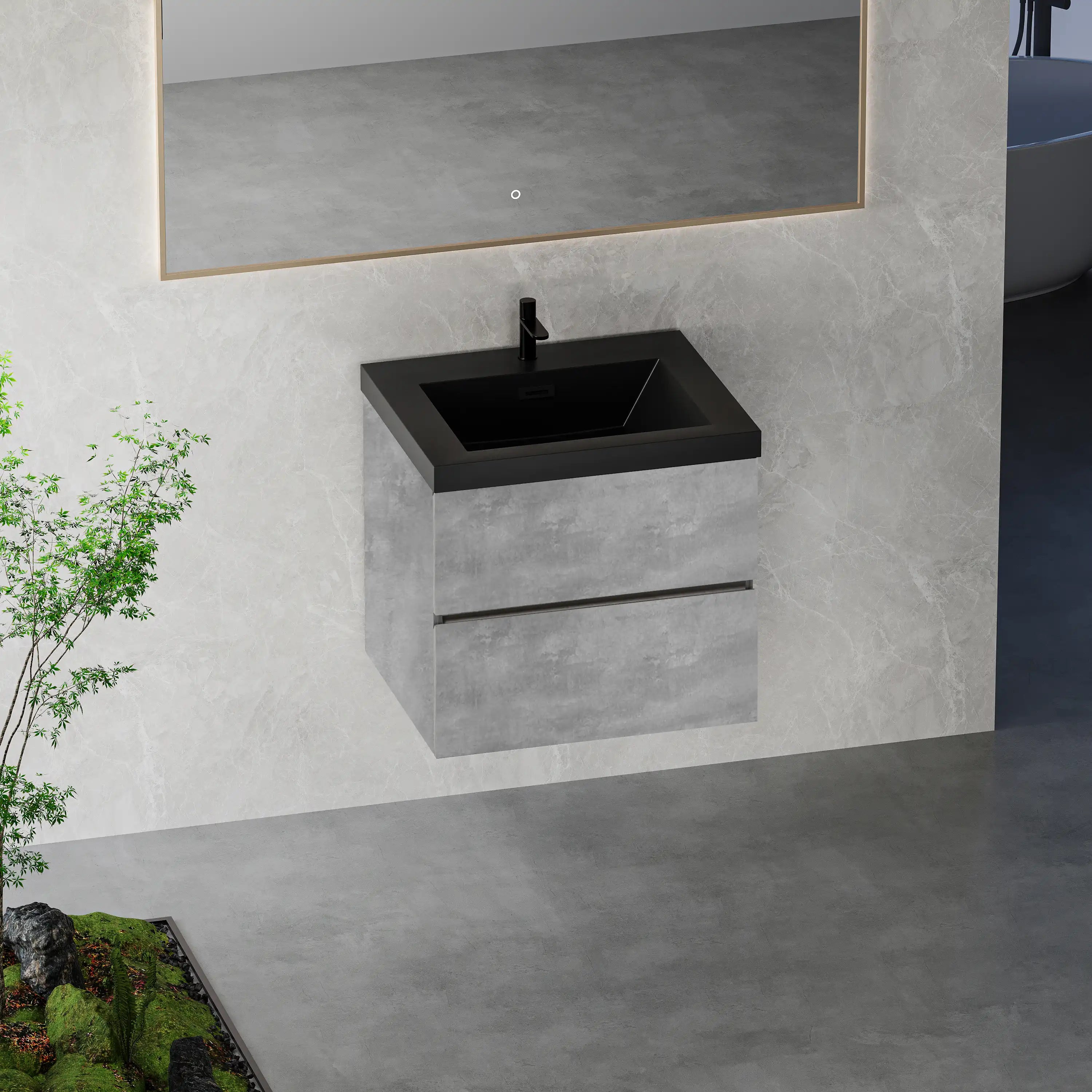 23''-47'' Floating Dark Grey Corner Vanity with Matte Black Sink - 2 Soft Close Drawers