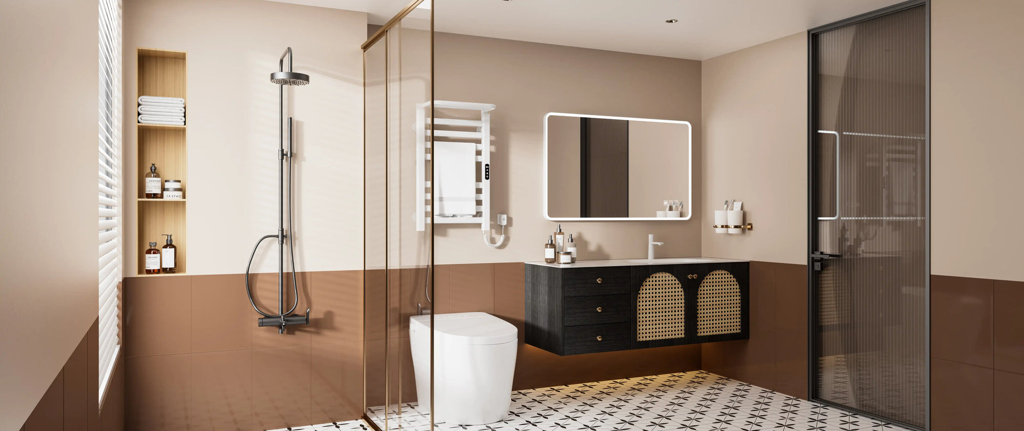 Modern bathroom with glass-enclosed rainfall shower, floating wood vanity, geometric floor tiles, and serene lighting for a spa-like retreat.