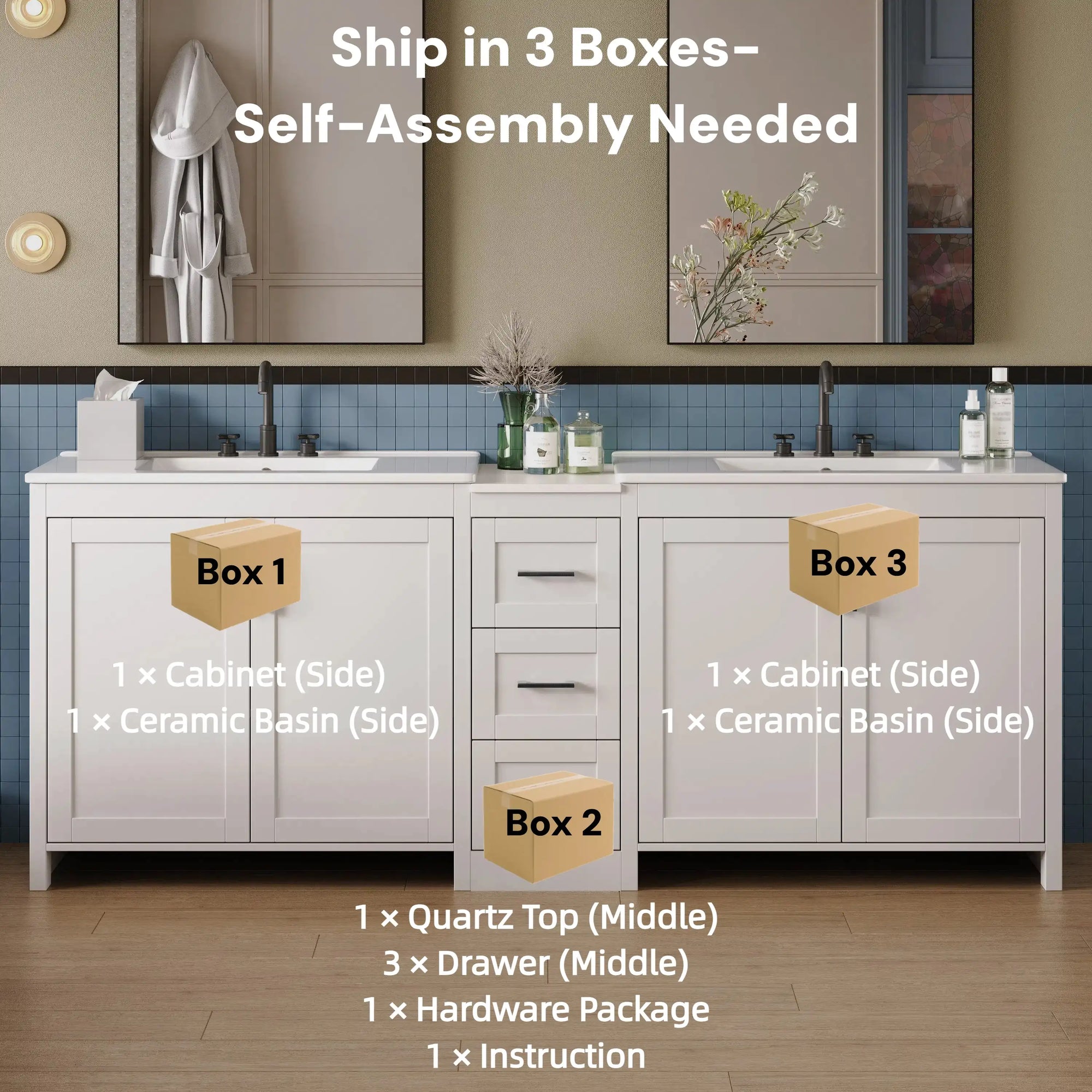Elysian 84&quot; Freestanding Bathroom Vanity with Double Sinks – White